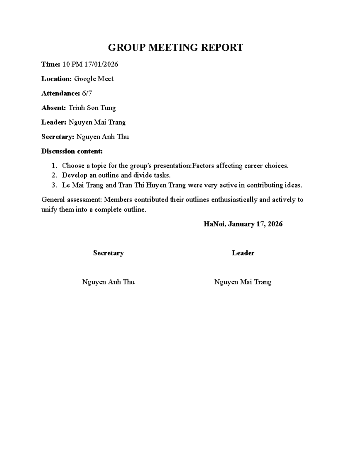 Group Meeting Report - Factors Affecting Career Choices - Studocu