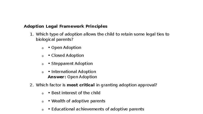 Adoption Legal Framework Principles: Key Concepts and Questions - Studocu