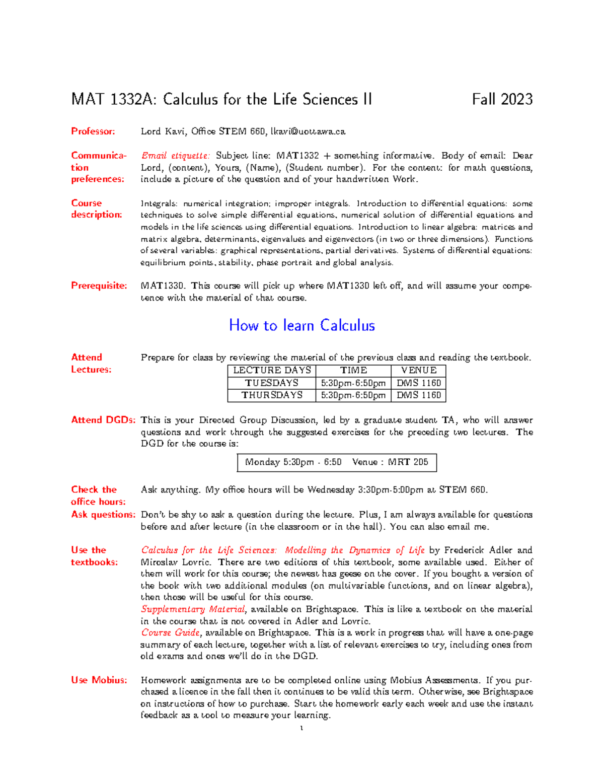 MAT 1332 - Syllabus for Calculus for Life Sciences II (Fall 2023) - Studocu