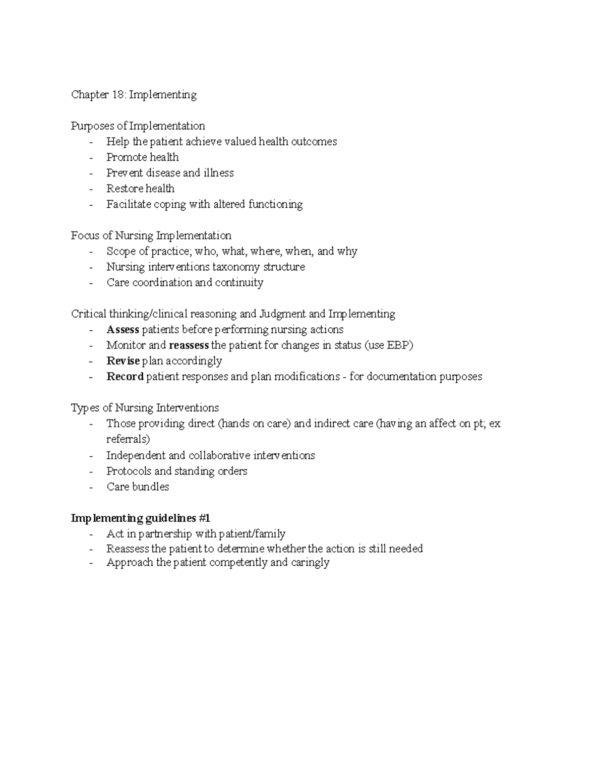 Nursing Implementation Study Guide - Chapter 18 Notes - Studocu