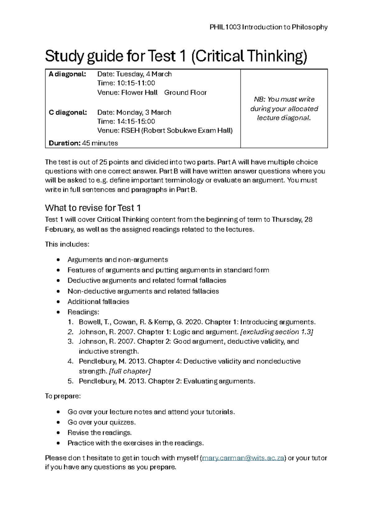 PHIL1003 Study Guide for Test 1 (Critical Thinking) 2025 - Studocu