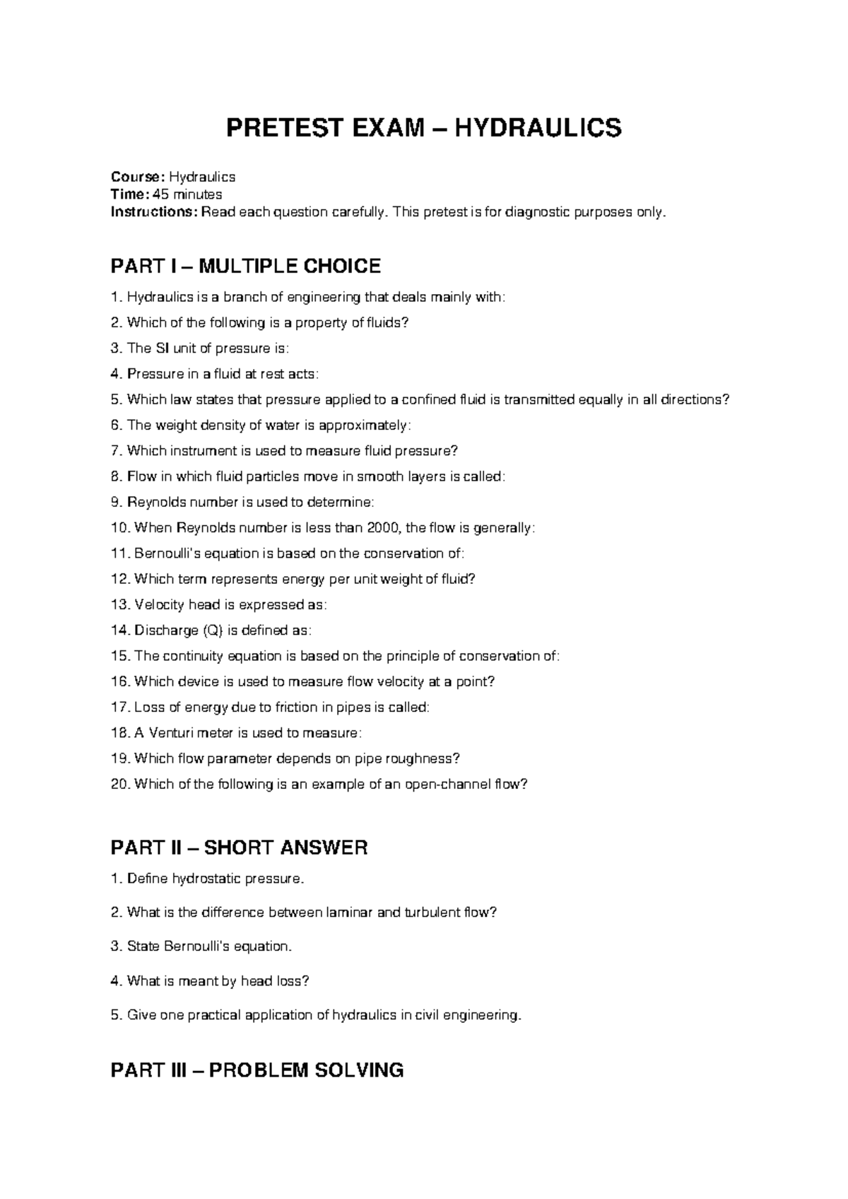 Hydraulics Pretest Exam: Diagnostic Questions and Concepts - Studocu