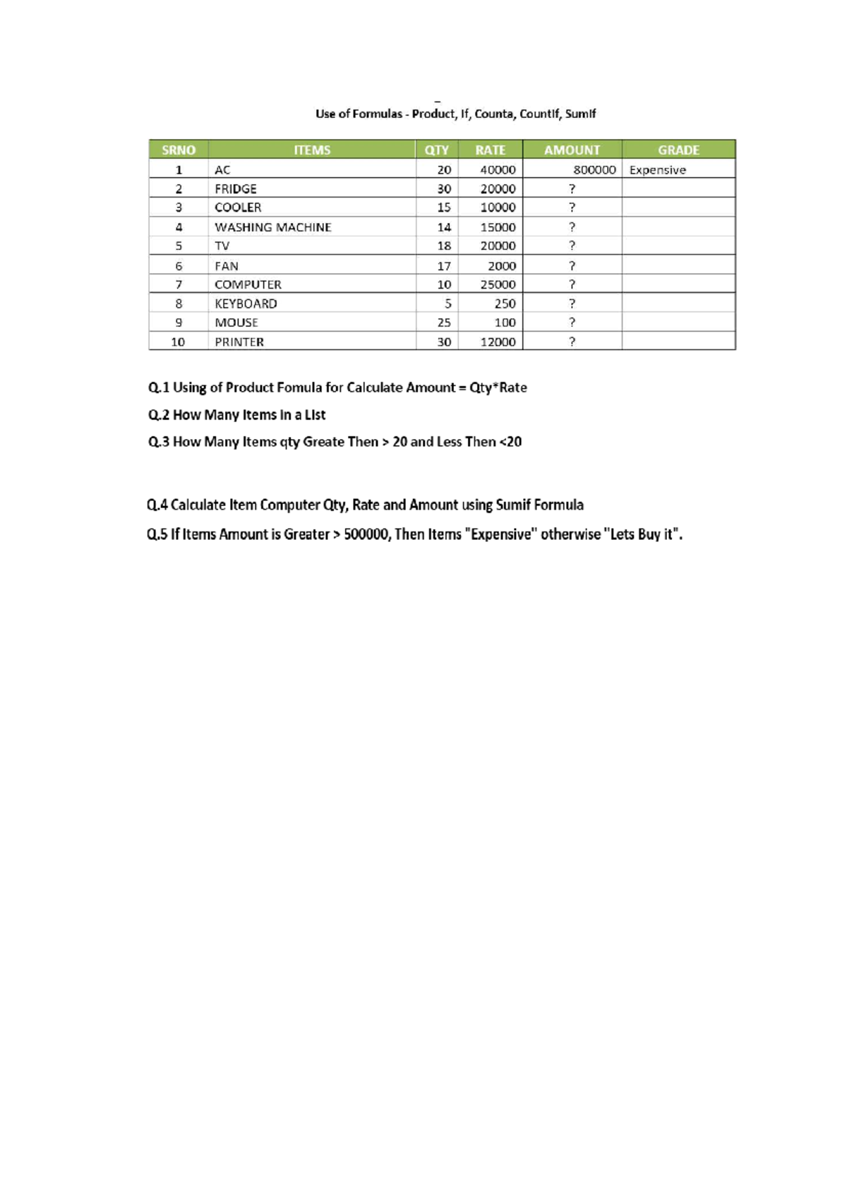 BA Test - Formulas: Product, If, Counta, Countif, Sumif - Studocu