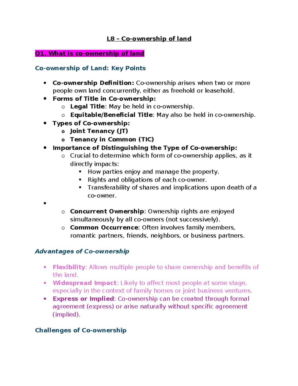 Co-ownership of Land - L8 – Co-ownership of land Q1. What is co ...