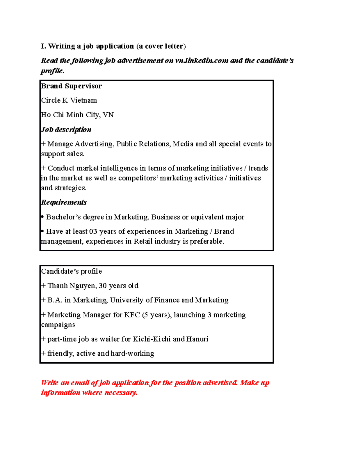 I. Writing a job application (a cover letter) - I. Writing a job ...