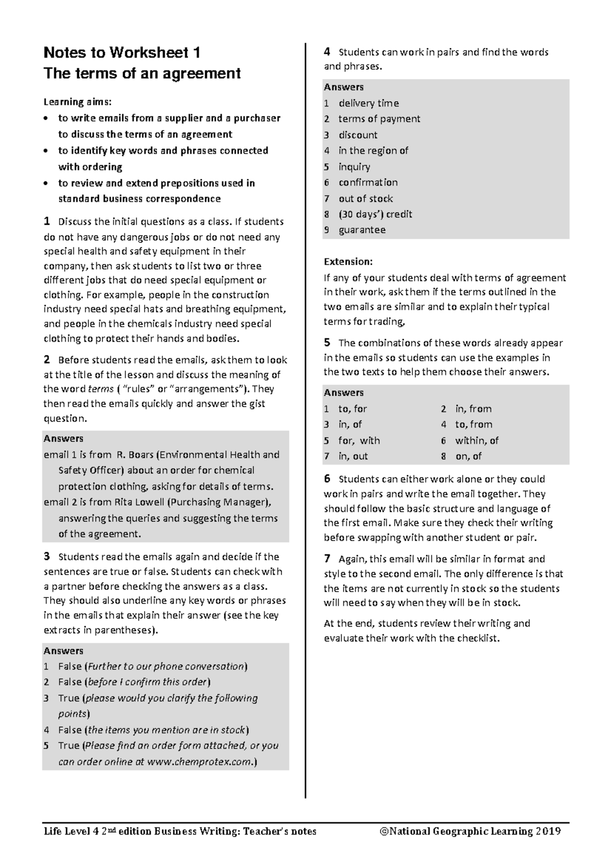 Business Writing Answer KEY - Notes to Worksheet 1 The terms of an ...