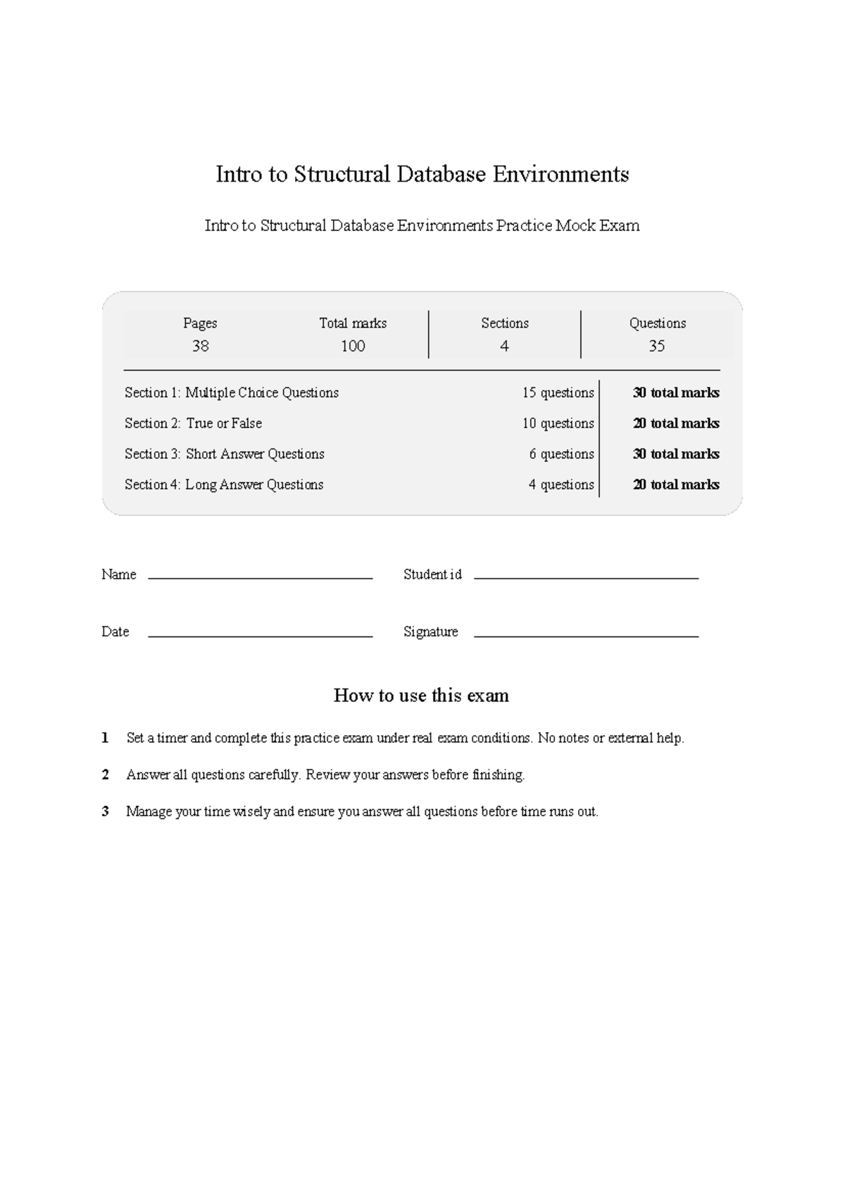Intro to Structural Database Environments mock exam 2026 feb - Intro to ...