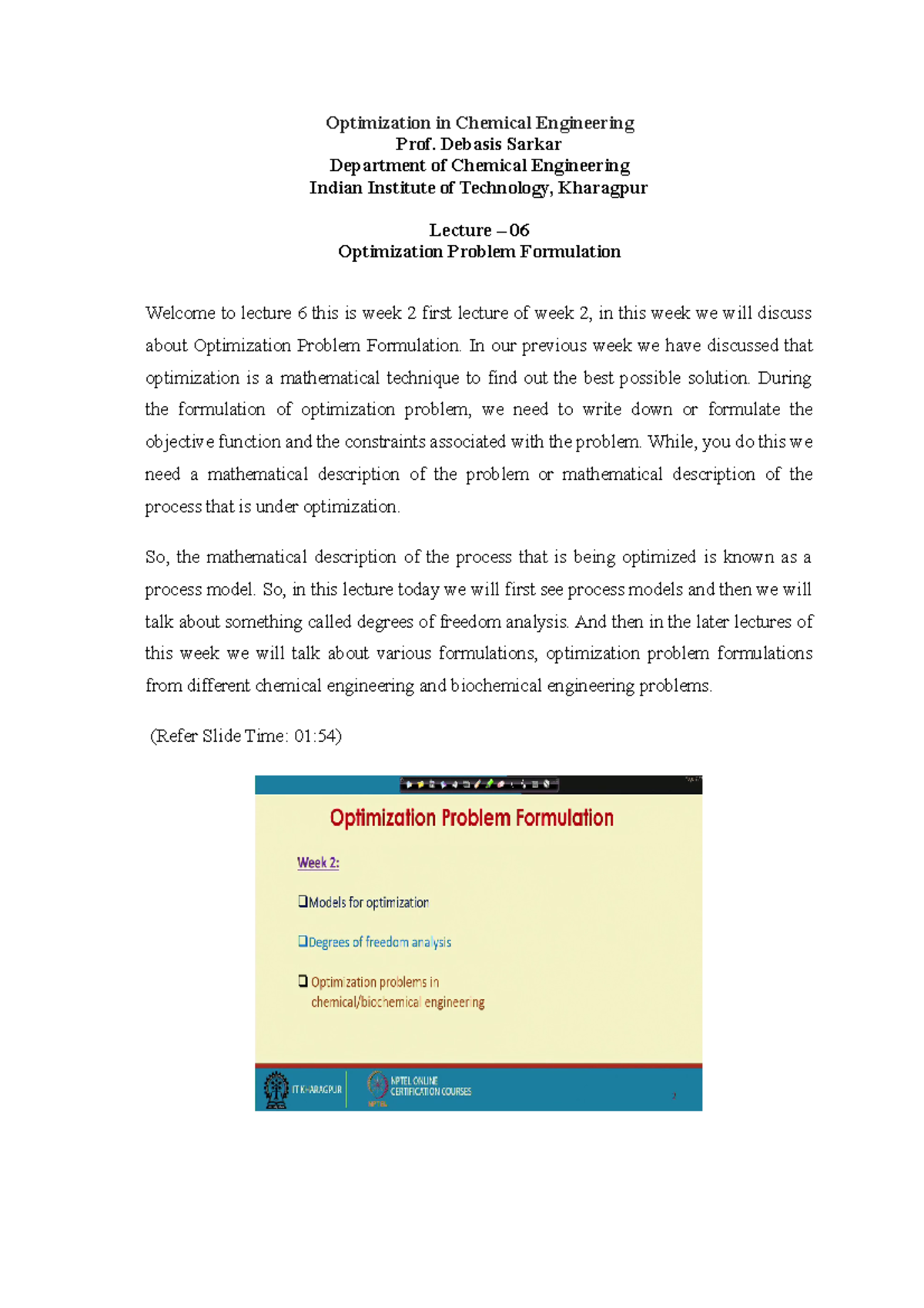 Lec 6 - Optimization Problem Formulation in Chem Engg - Studocu
