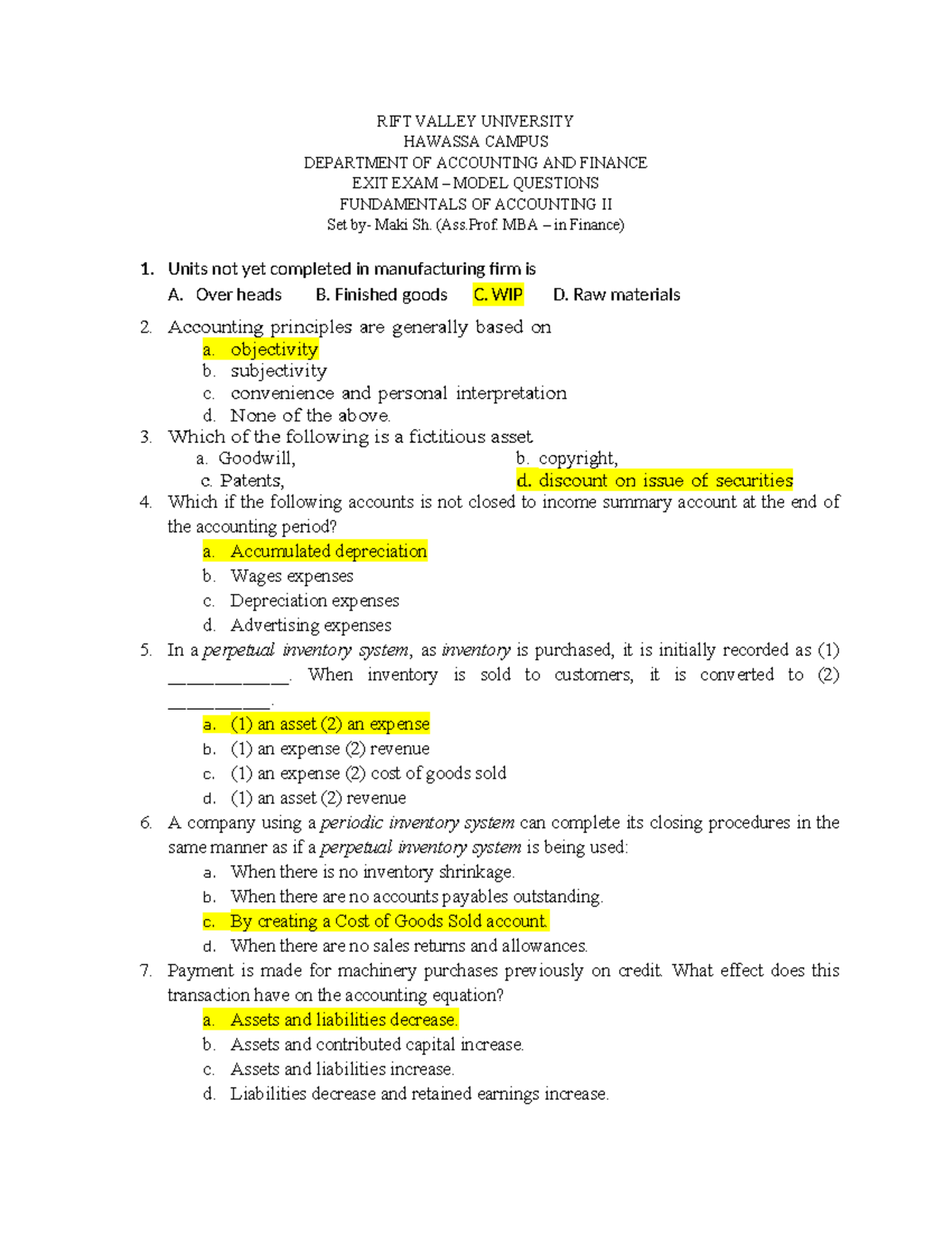 Fundamentals of Accounting II (ACCT 202) Exit Exam Model Questions ...