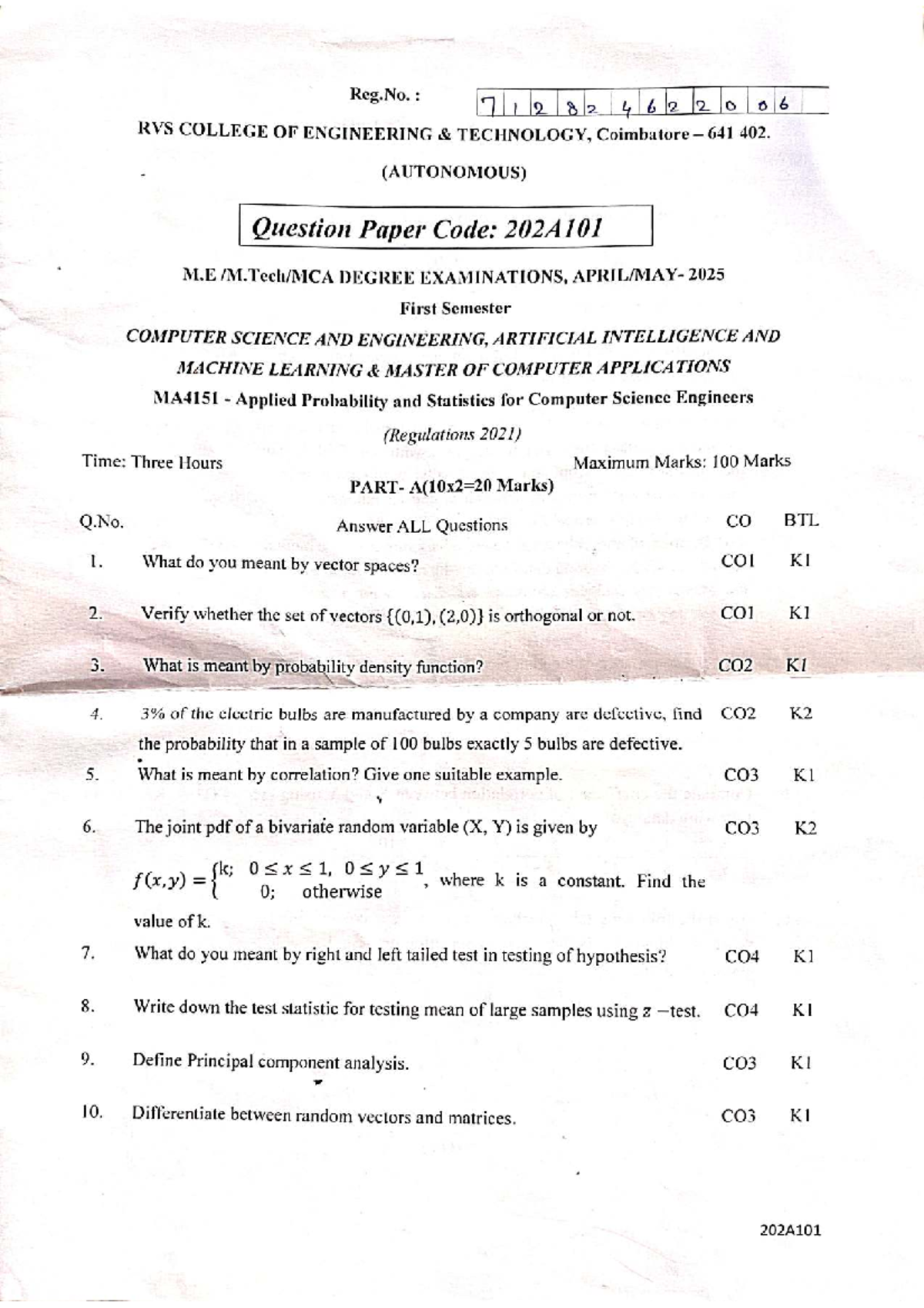 MA4151 April 2025 Question Paper: Applied Probability & Statistics ...
