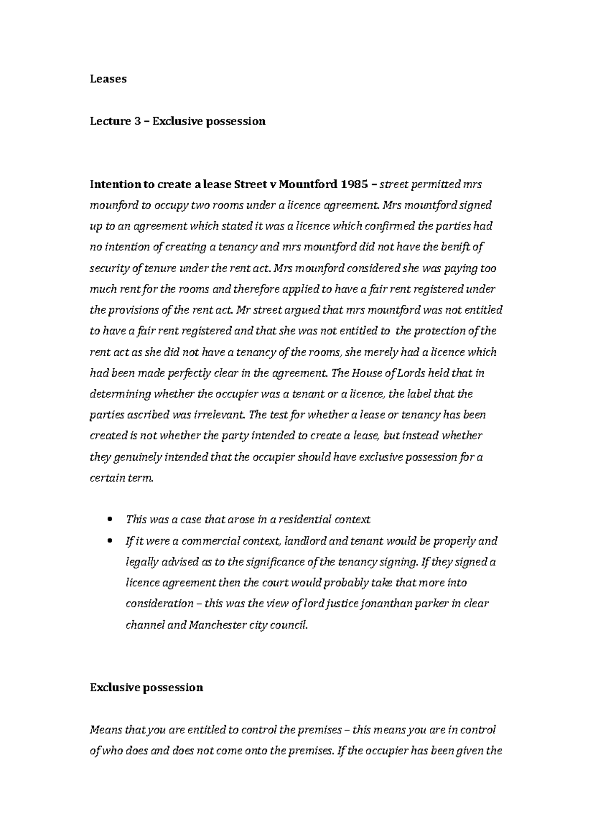 Lecture 3 - Exclusive Possession in Lease Agreements Analysis - Studocu