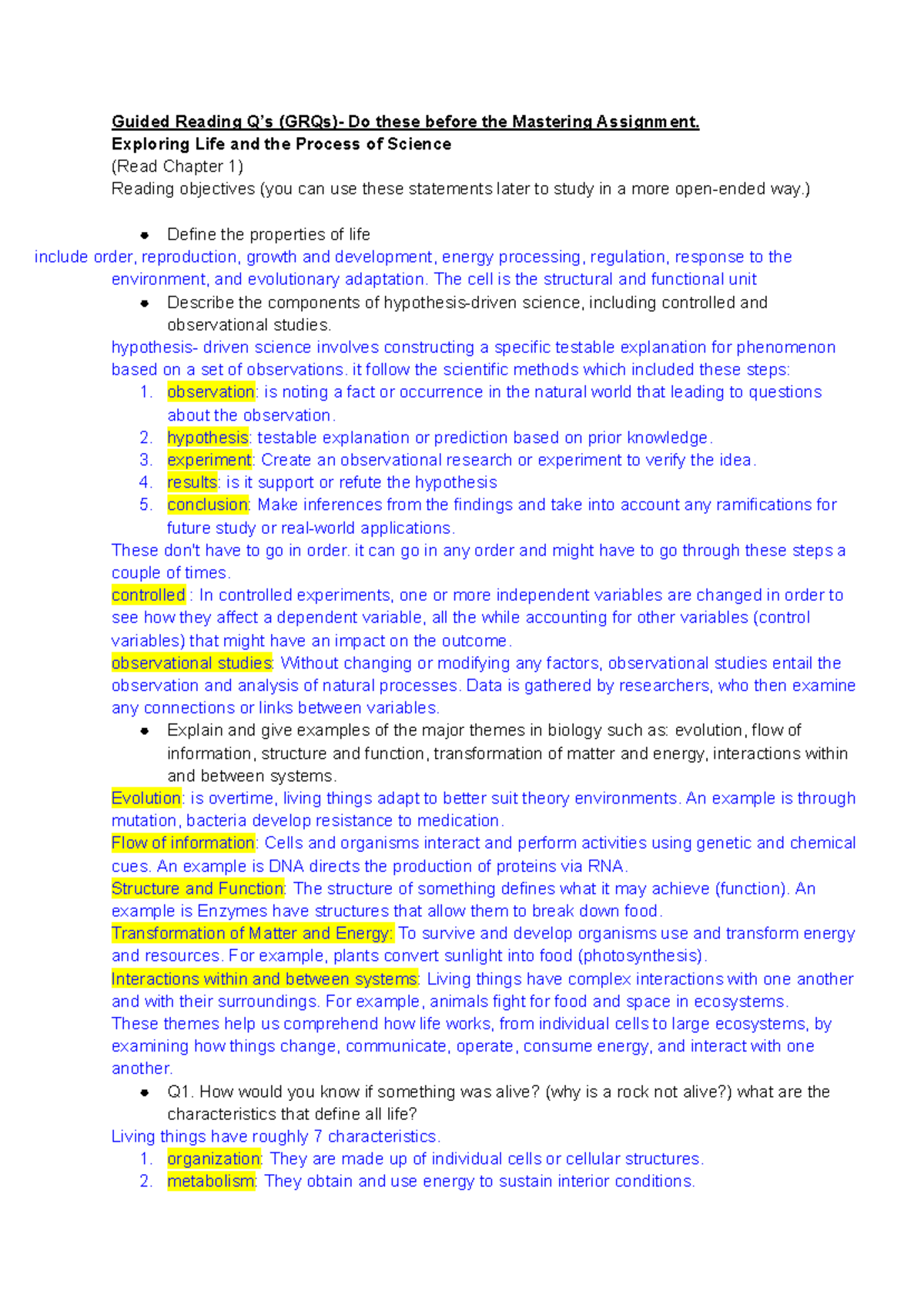 L01 GRQs: Concepts of Life & Science Processes - Chapter 1 Study Guide ...