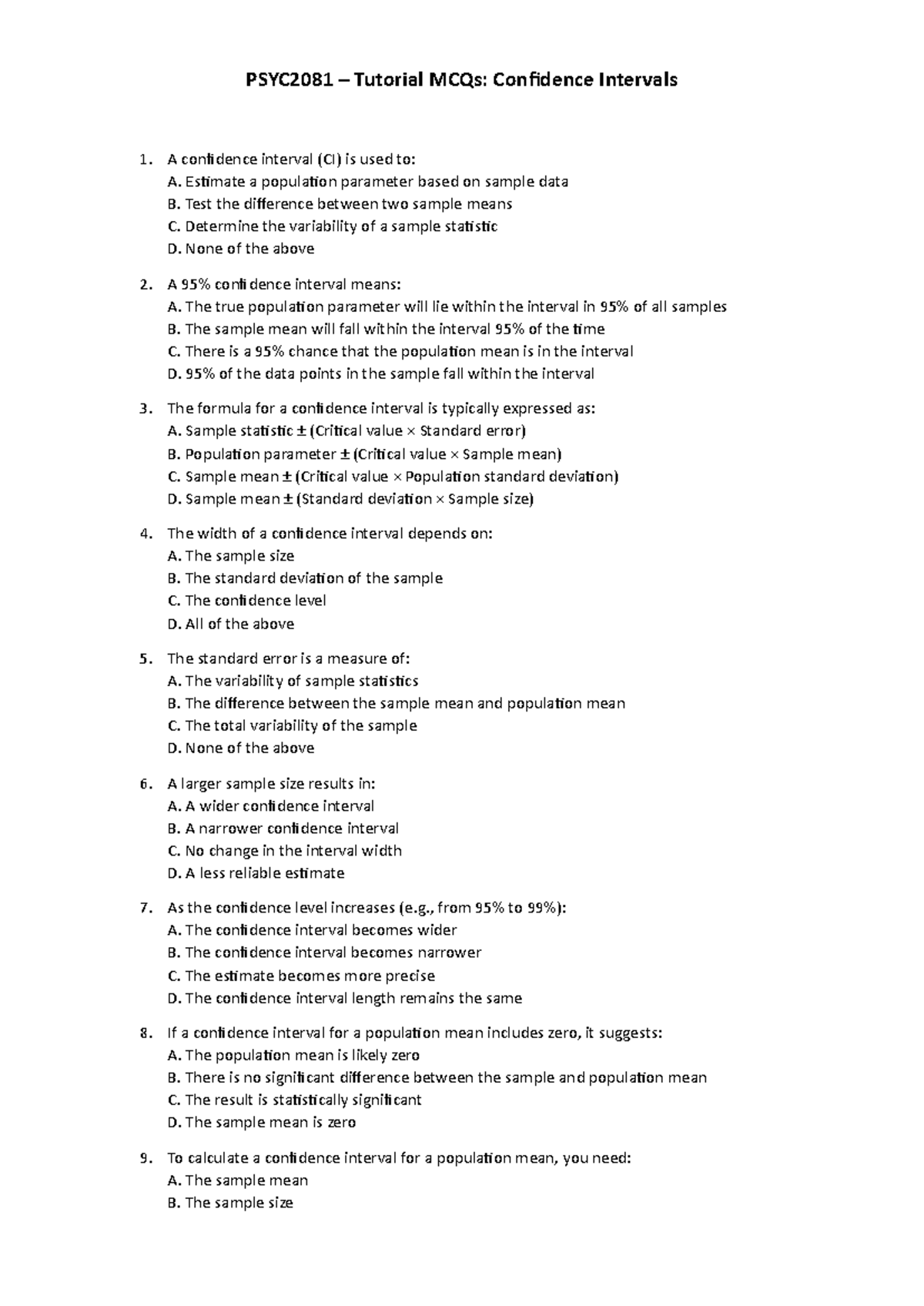 PSYC2081 Tutorial MCQs: Understanding Confidence Intervals - Studocu