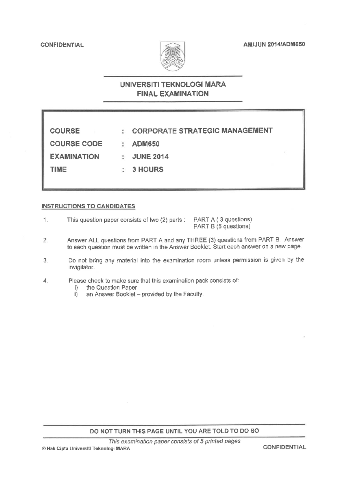 PYQ 2014 ADM650 - Corporate Strategic Management Final Exam - Studocu