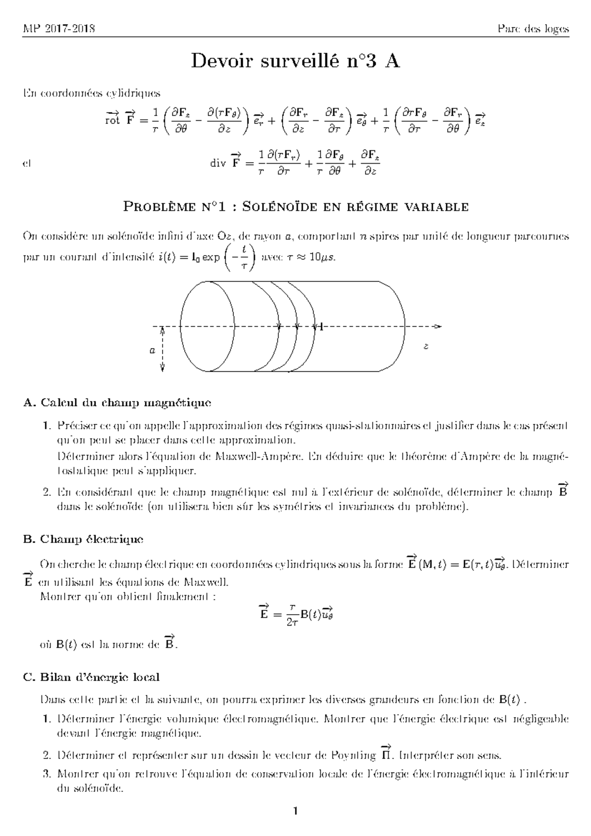 Devoir de physique 4 - MP 2017-2018: Problèmes et solutions détaillées ...