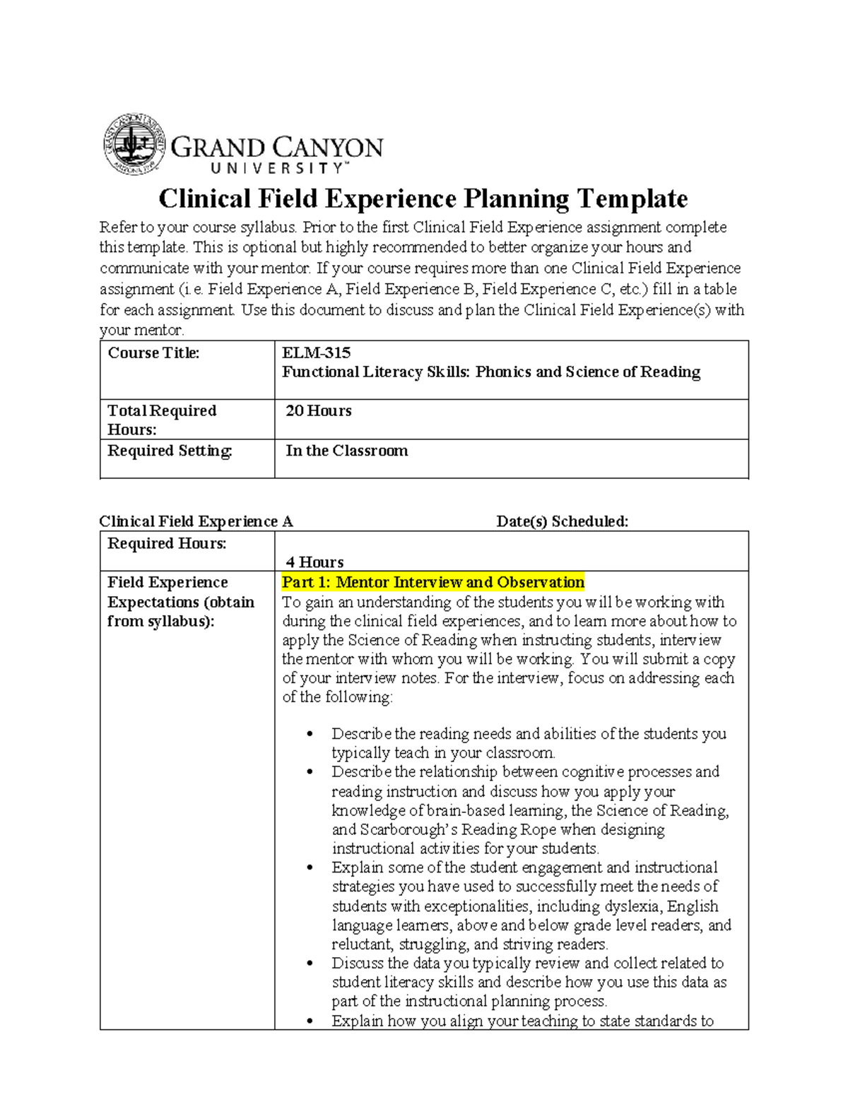 Clinical Field Experience Planning Template for ELM- Functional ...
