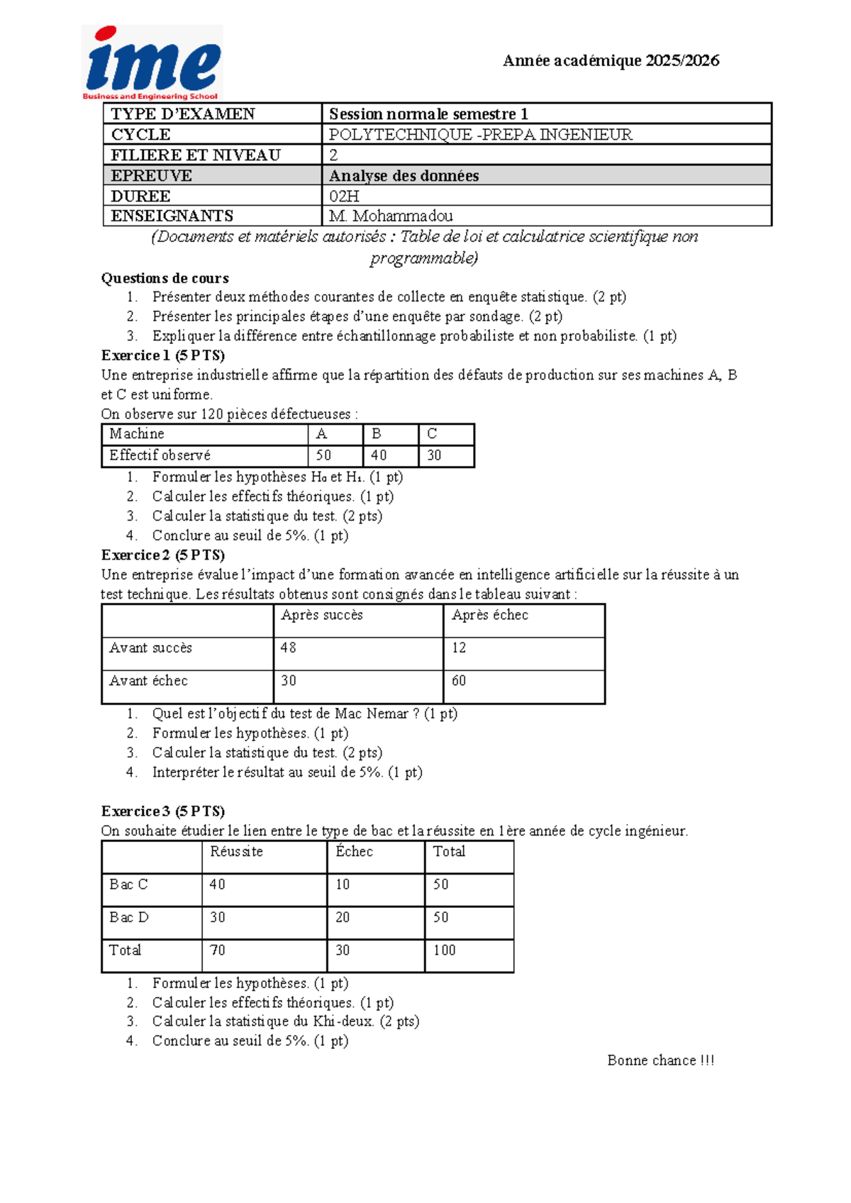 Épreuve Session Normale Semestre 1 - Analyse des Données - Polytech 2 ...