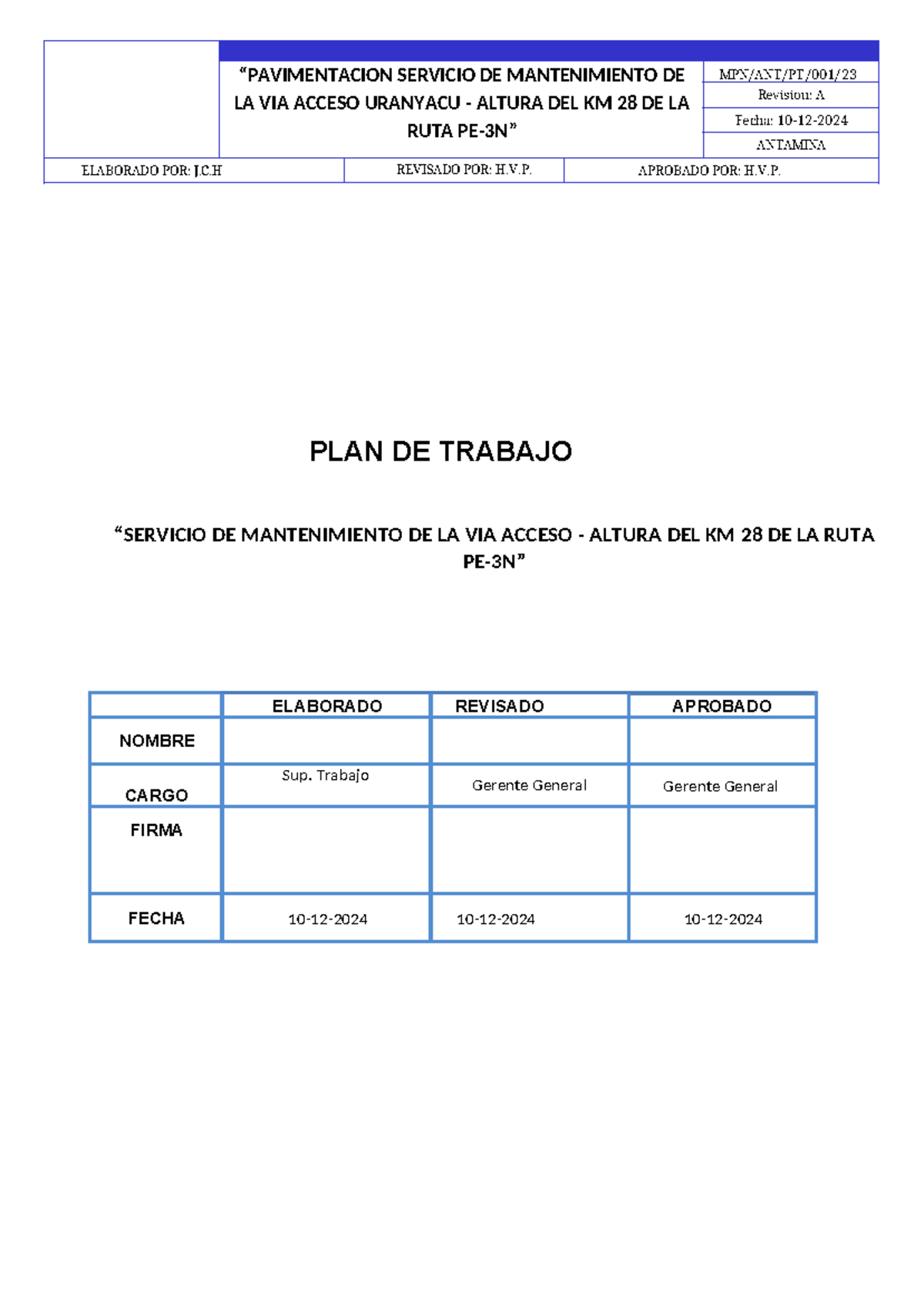 Plan de Trabajo para Mantenimiento de Carretera PE-3N - Km 28 - Document Preview
