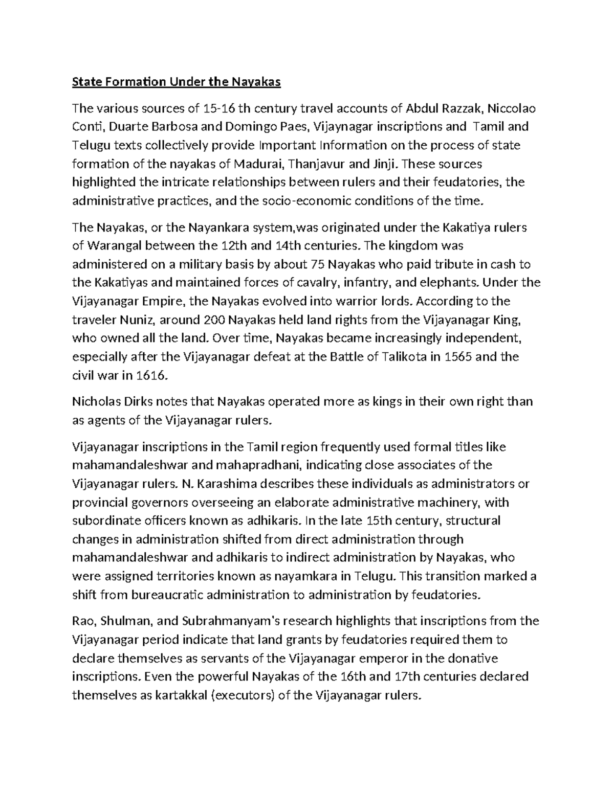 State Formation in 15th-17th Century: The Nayakas of Madurai, Thanjavur, Jinji - Document Preview