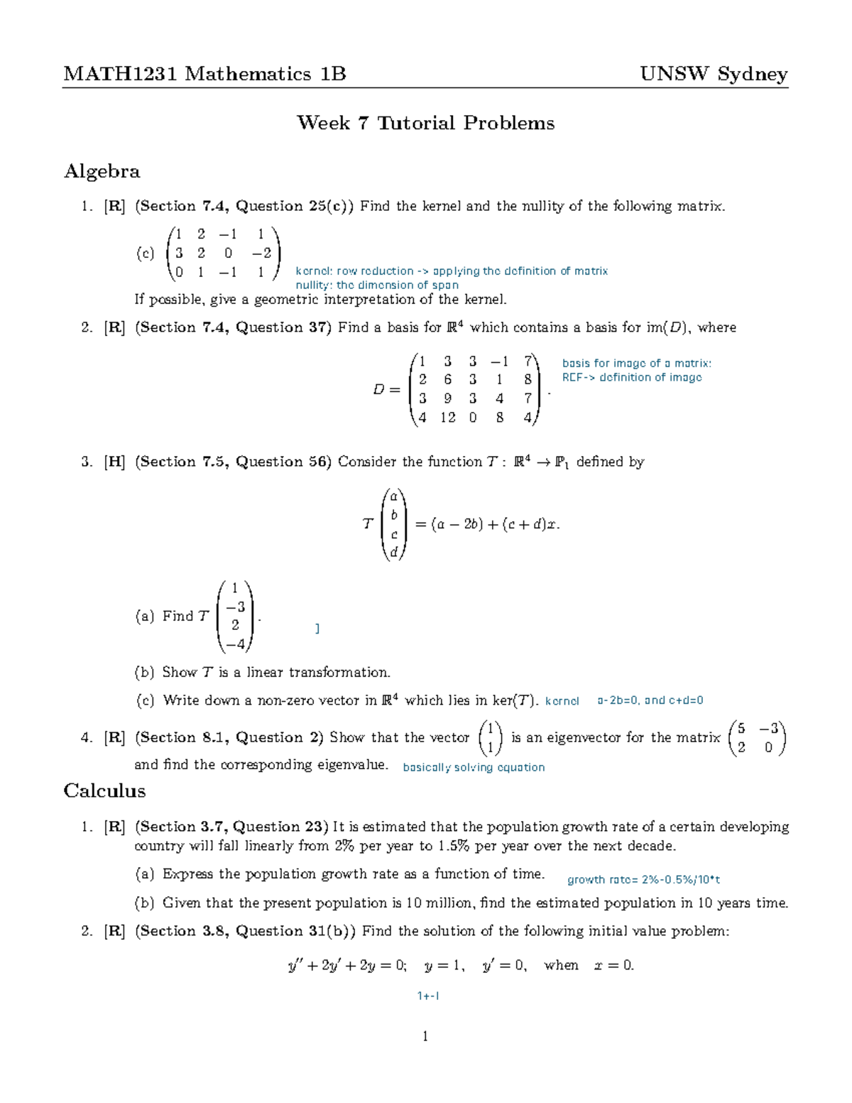 MATH1231 Week 7 Tutorial Problems: Algebra & Calculus Insights - Studocu