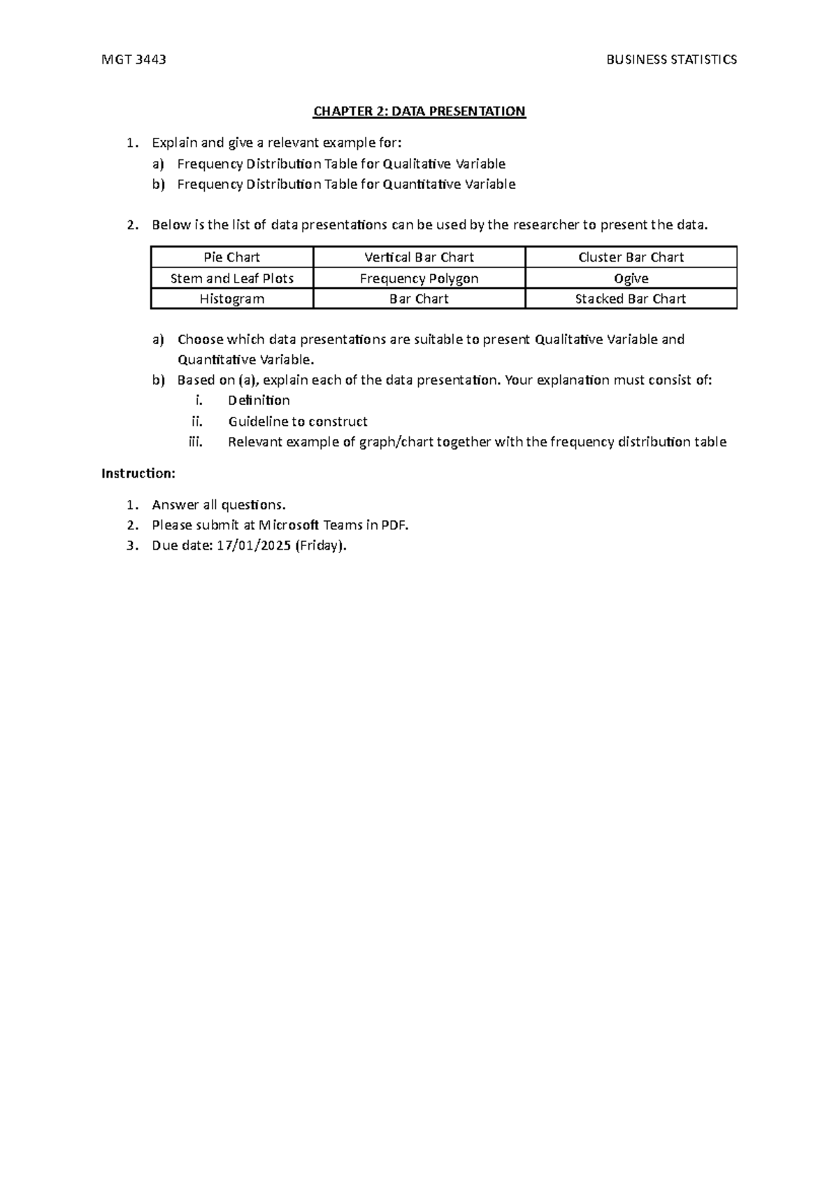 BS MGT 3443 Chapter 2: Data Presentation Task and Examples - Studocu