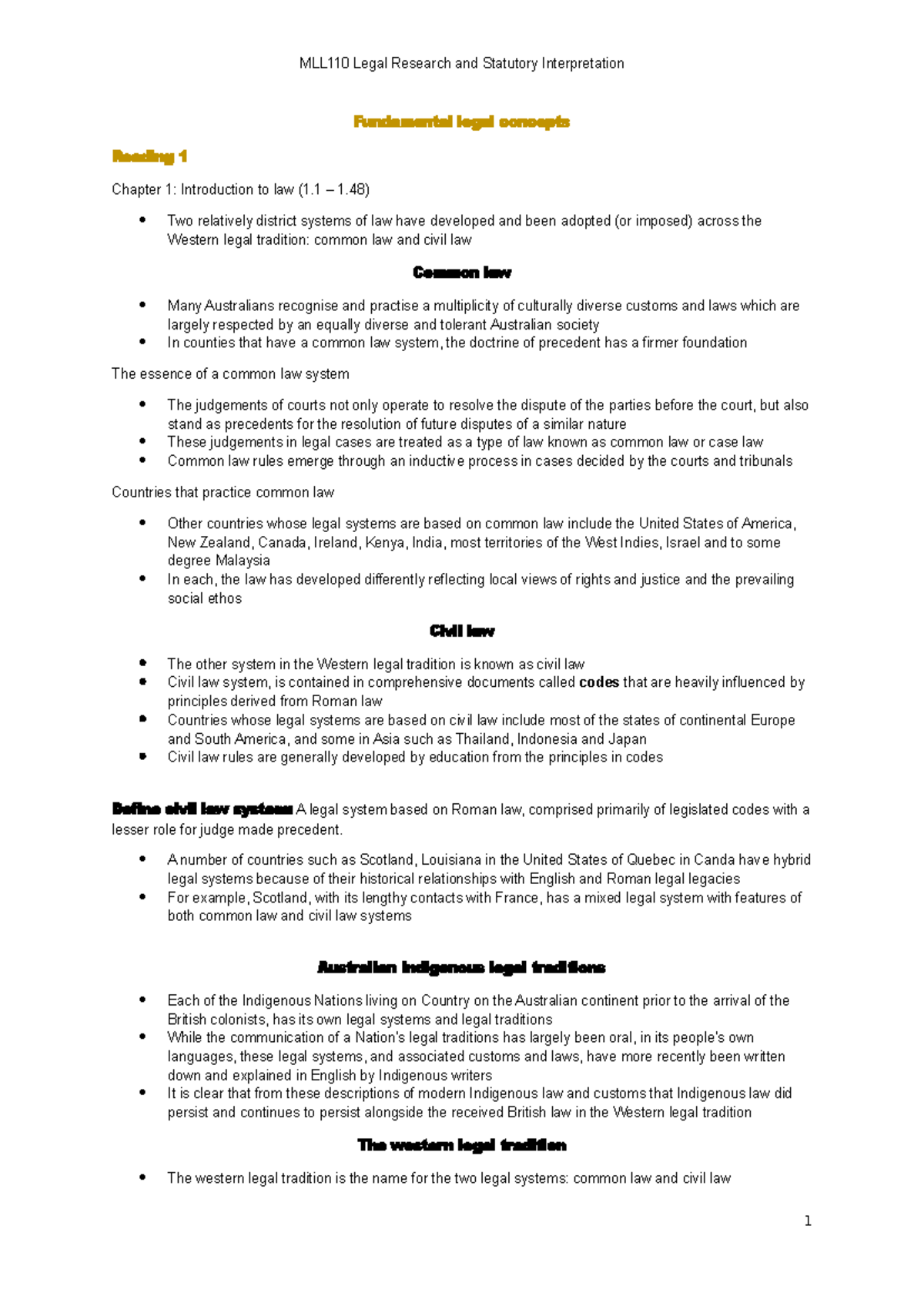 Week 1 - MLL110 Legal Research & Statutory Interpretation: Intro to Law ...