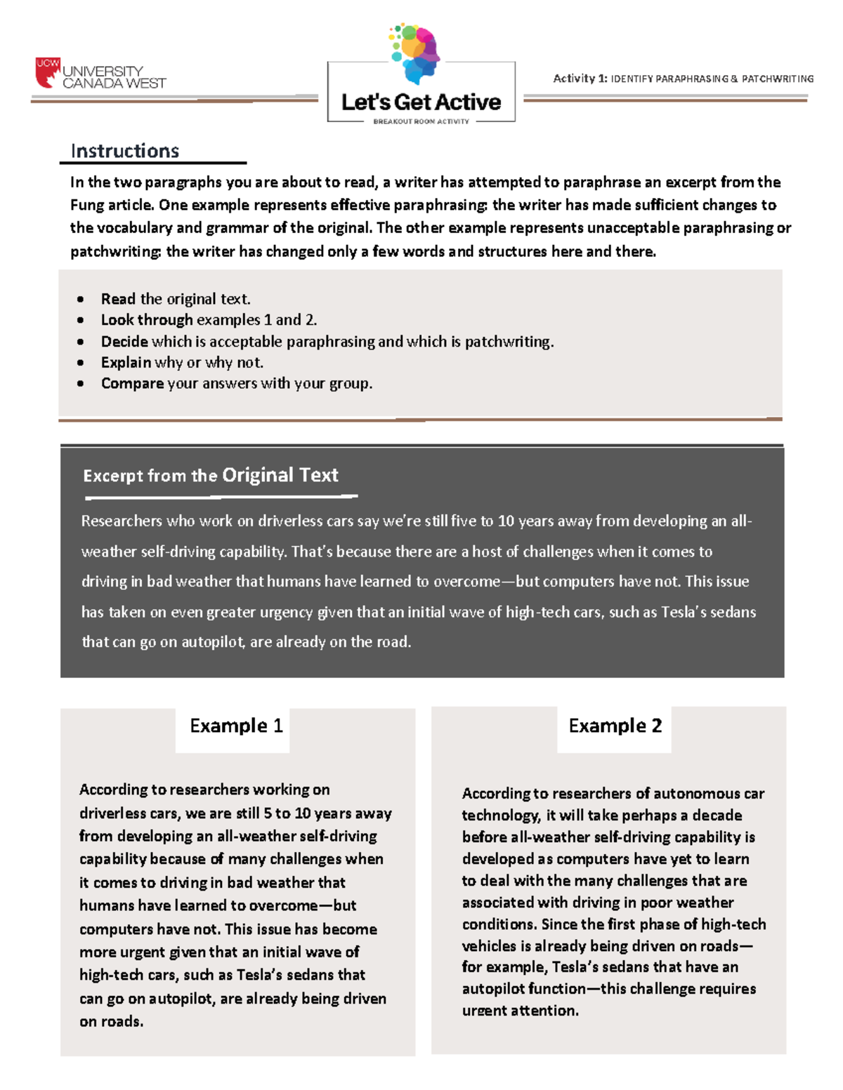 Activity 1, Identify Paraphrasing & Patchwriting - z Activity 1 ...