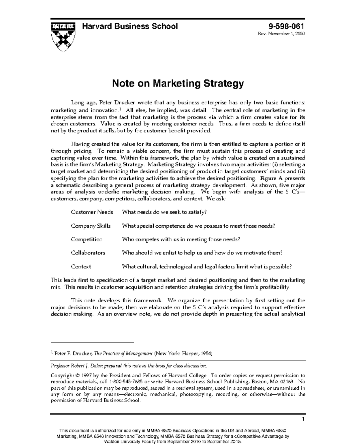 MMBA 6530 Note on Marketing Strategy: Creating and Capturing Value ...