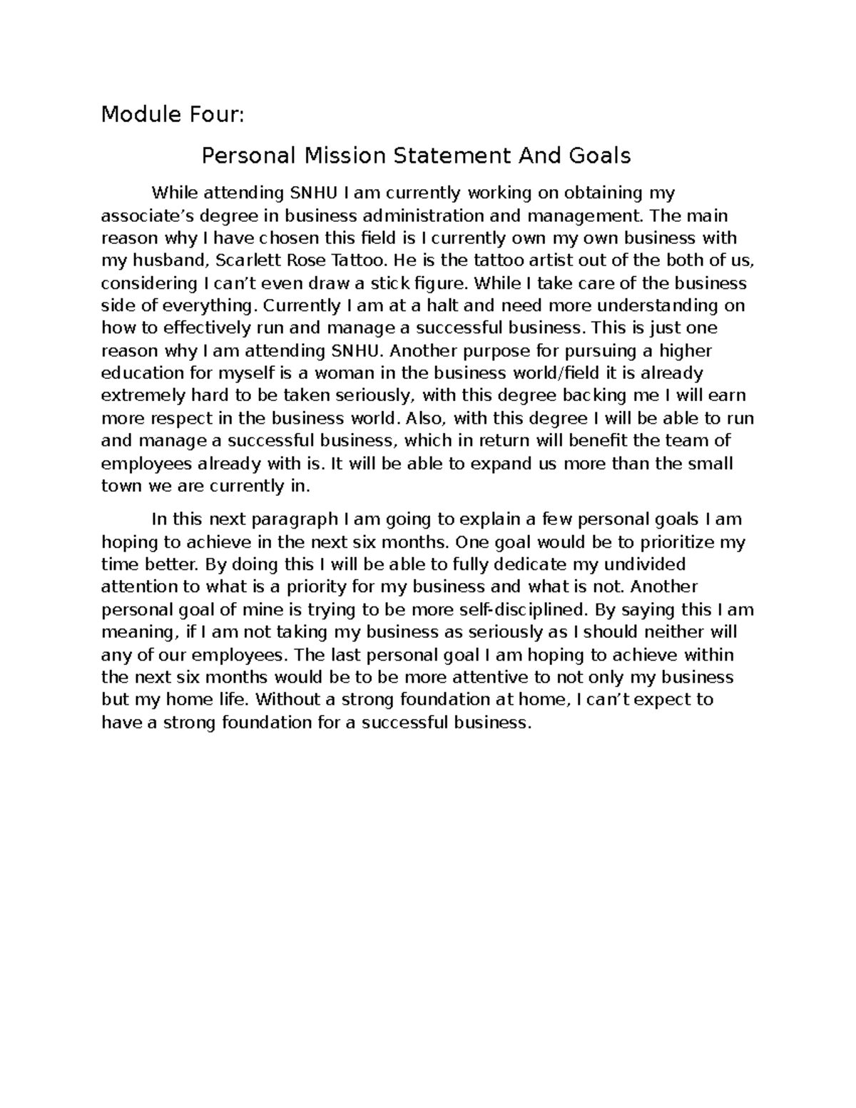 Module Four journal personal misson statemant and goals - Module Four ...