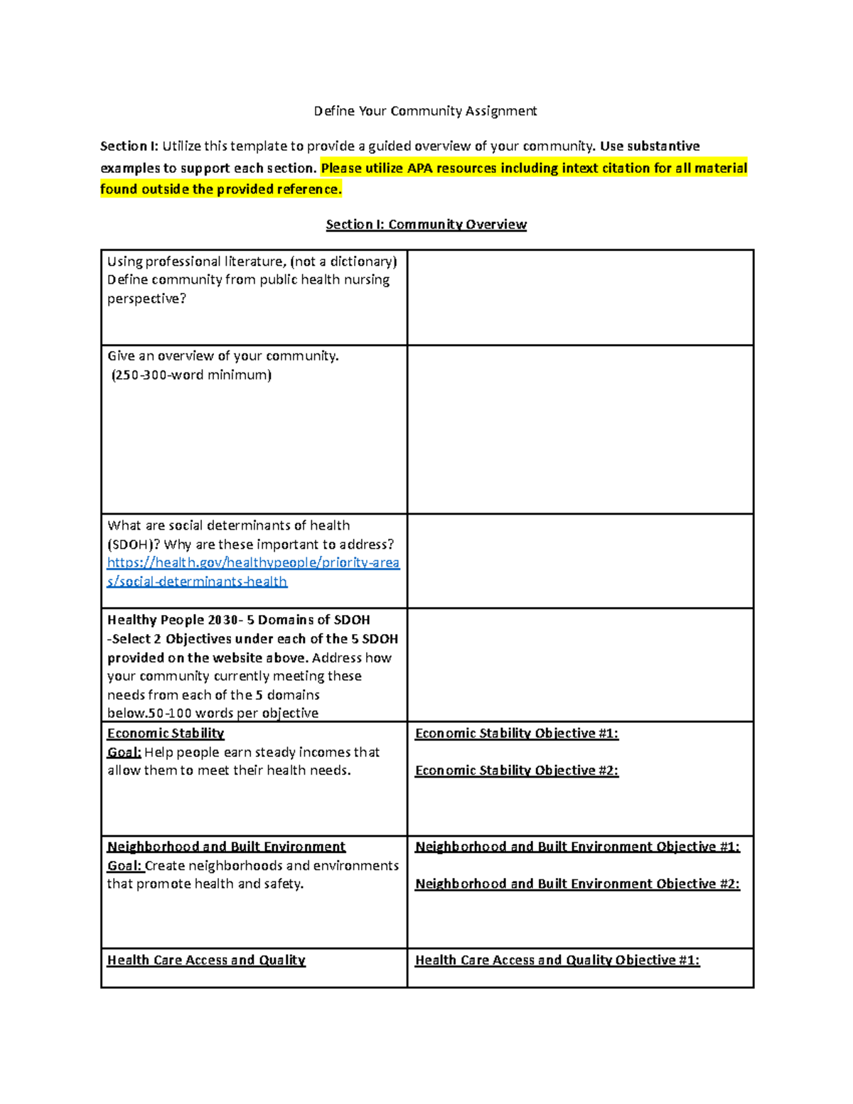 SU22 Final: Define Your Community Template and SDOH Analysis - Studocu