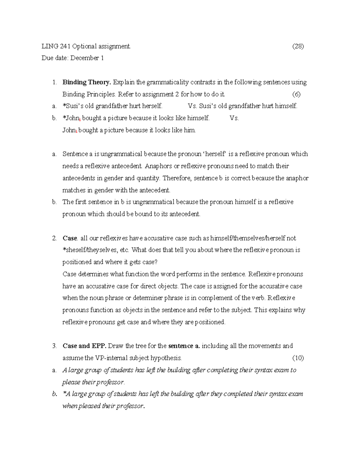 LING 241 Optional Assignment: Analysis of Binding Theory and Case - Studocu
