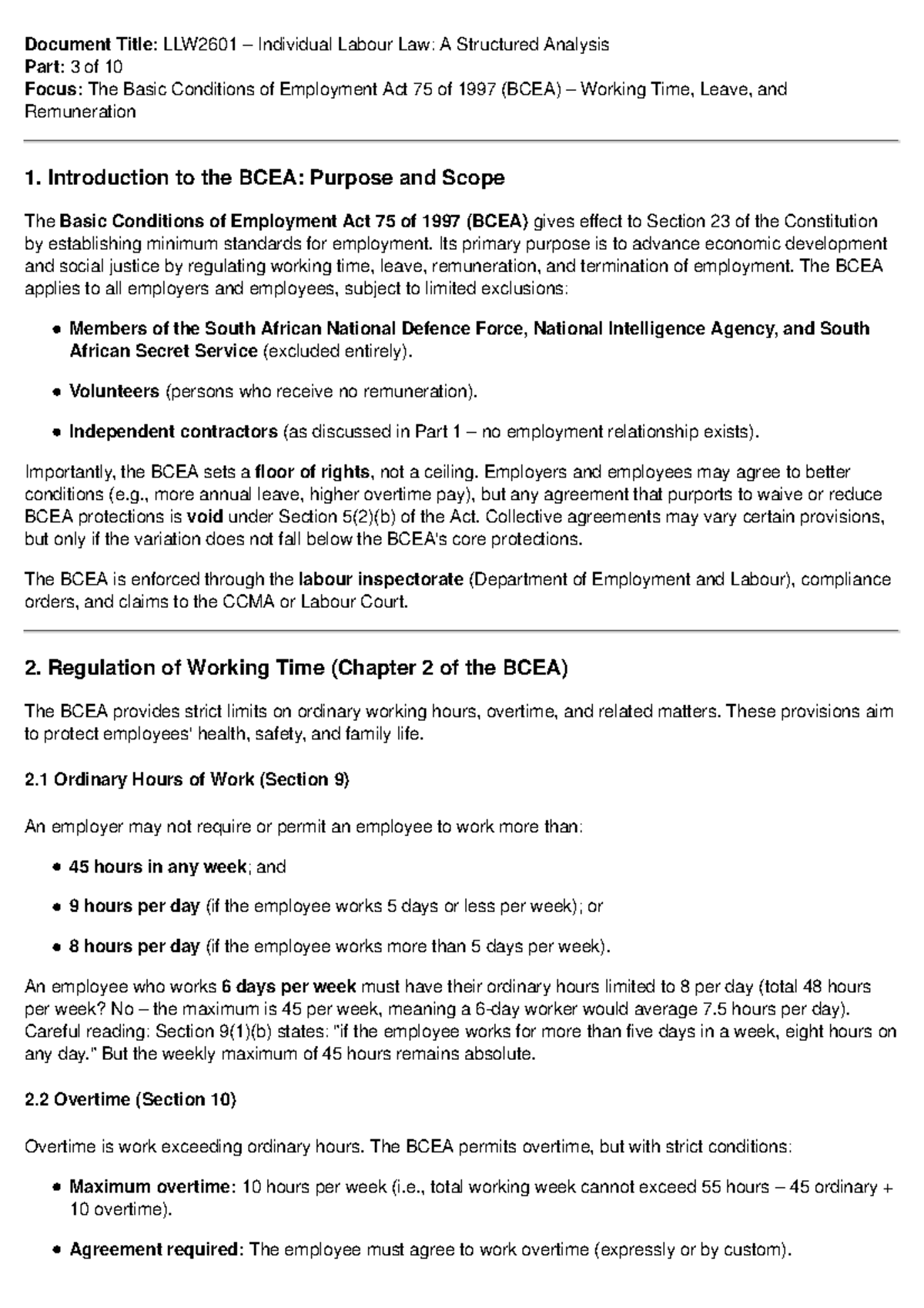 LLW2601 Individual Labour Law: BCEA Analysis on Working Time & Leave ...