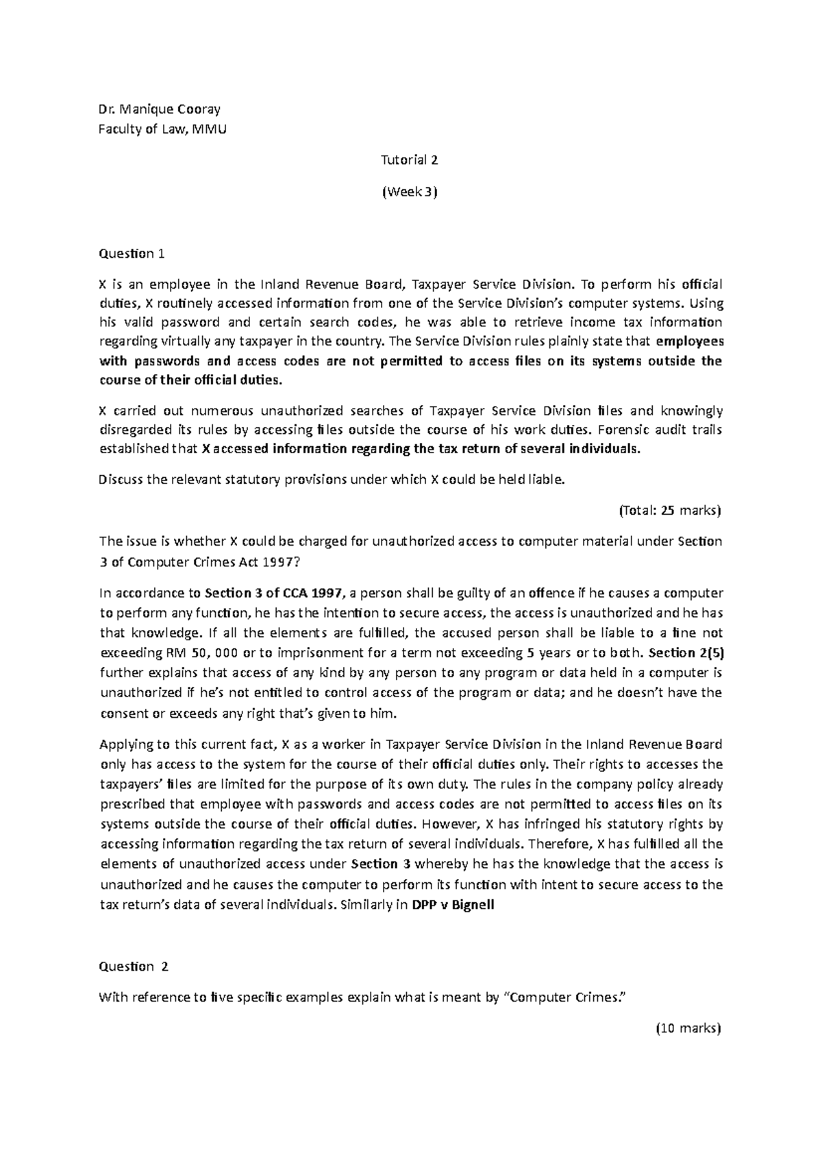 Tutorial 2 Week 4 Cyberlaw - Dr. Manique Cooray Faculty of Law, MMU ...