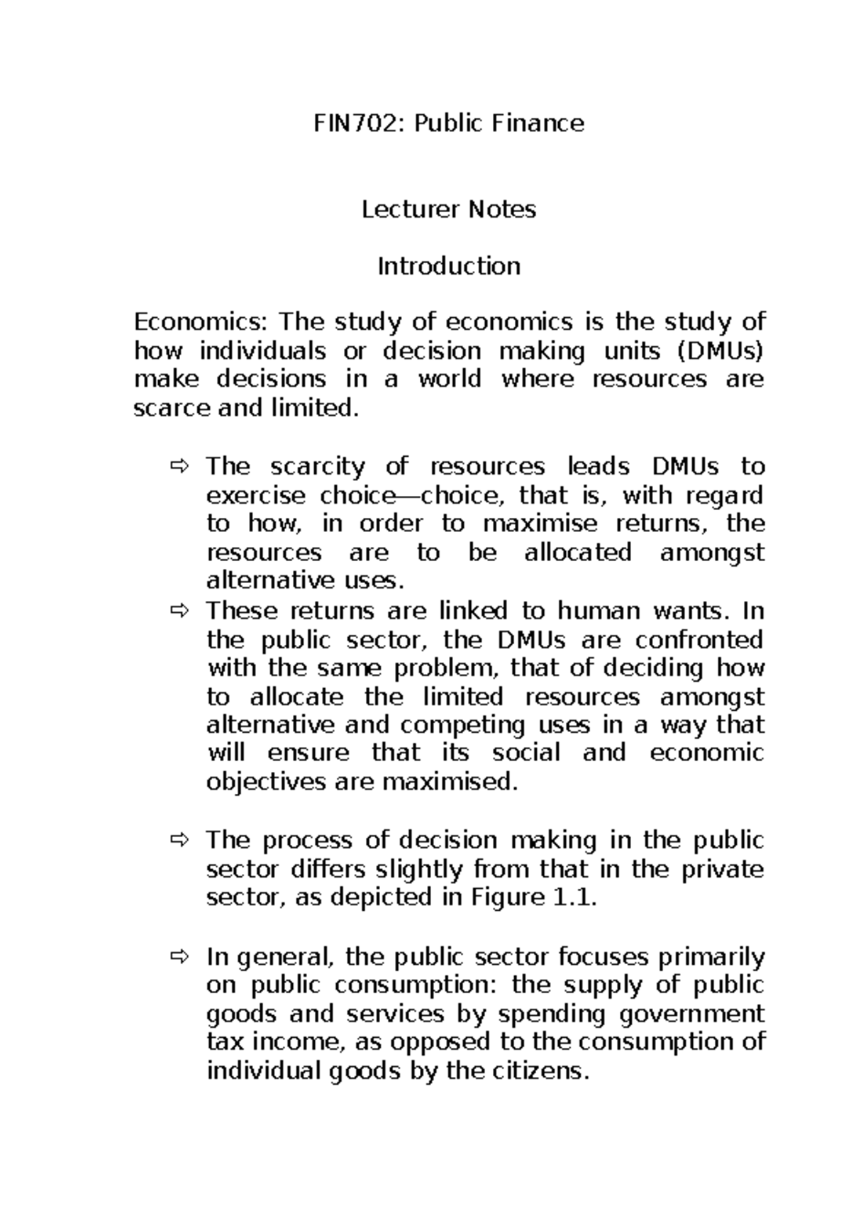 FIN702: Public Finance Lecture Notes on Economic Decision Making - Studocu