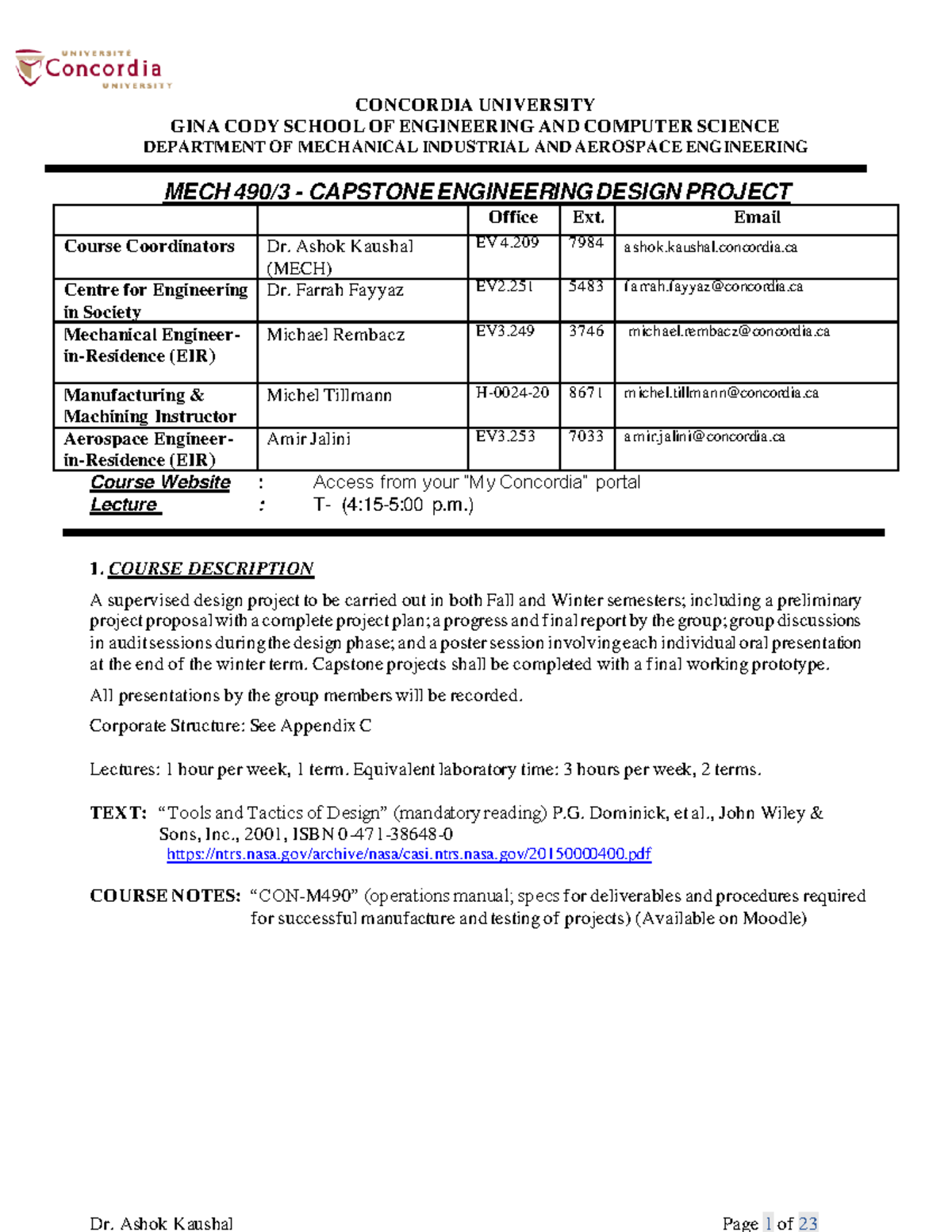 MECH 490 Capstone Engineering Design Project Course Outline 2022-2023 ...