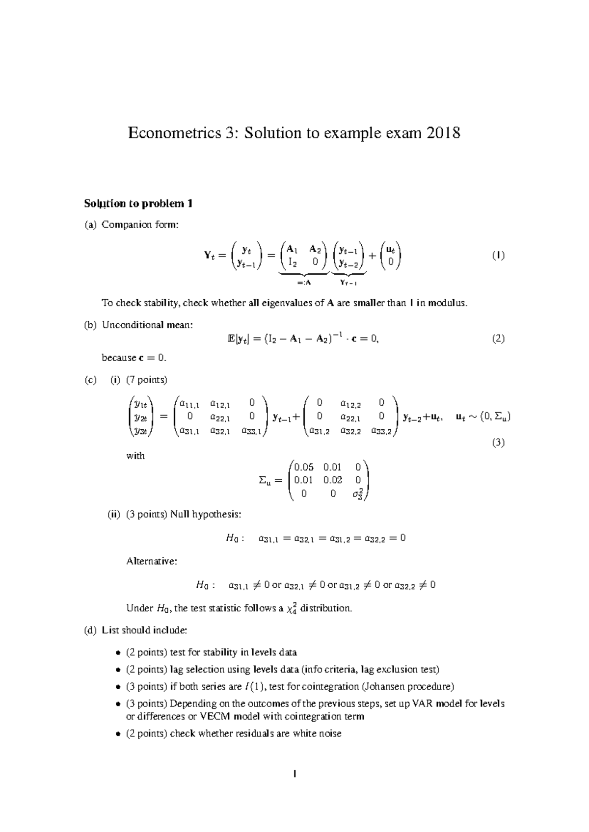 Econometrics 3: Solutions to 2018 Example Exam Problems - Studeersnel