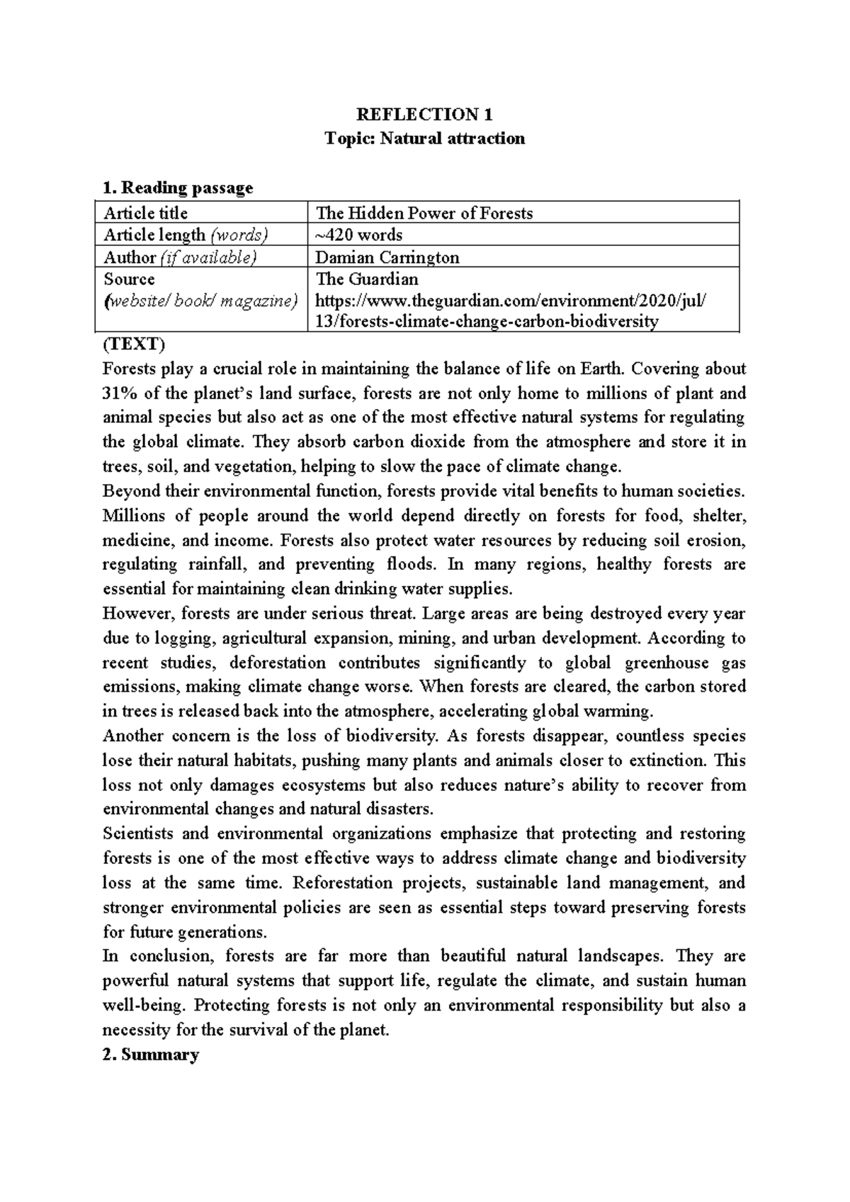 REFLECTION 1: The Hidden Power of Forests - Environmental Impact ...