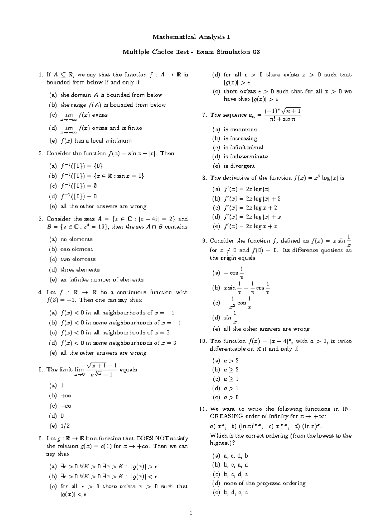 Mathematical Analysis I Exam Practice - Multiple Choice Test 03 - Studocu
