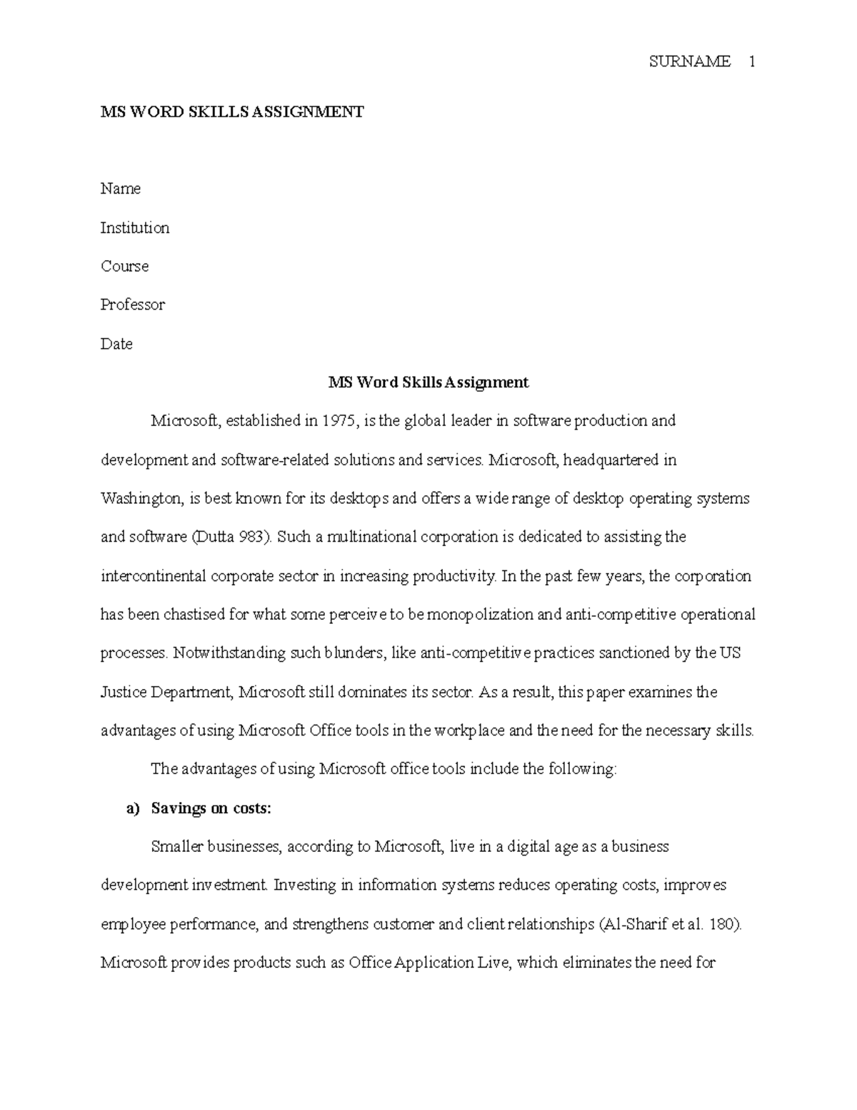 MS WORD Skills Assignment - MS WORD SKILLS ASSIGNMENT Name Institution ...