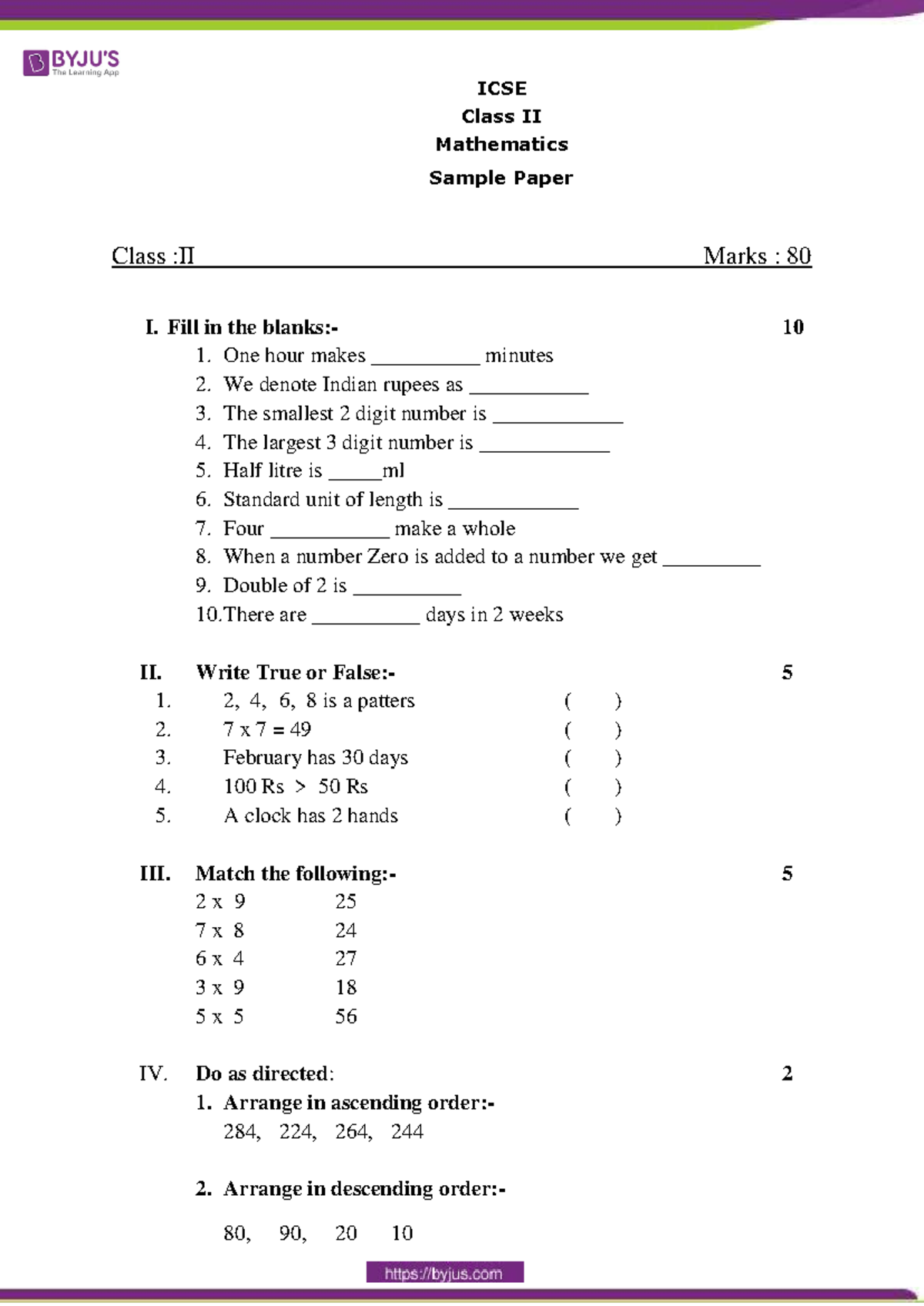 ICSE Class II Math Sample Paper: Practice Questions and Exercises - Studocu