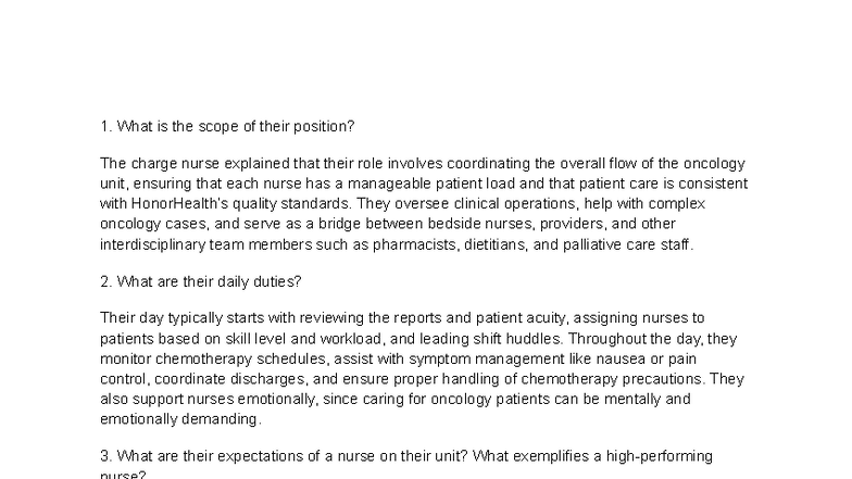 NUR 101: Insights from a Charge Nurse on Oncology Unit Roles - Studocu