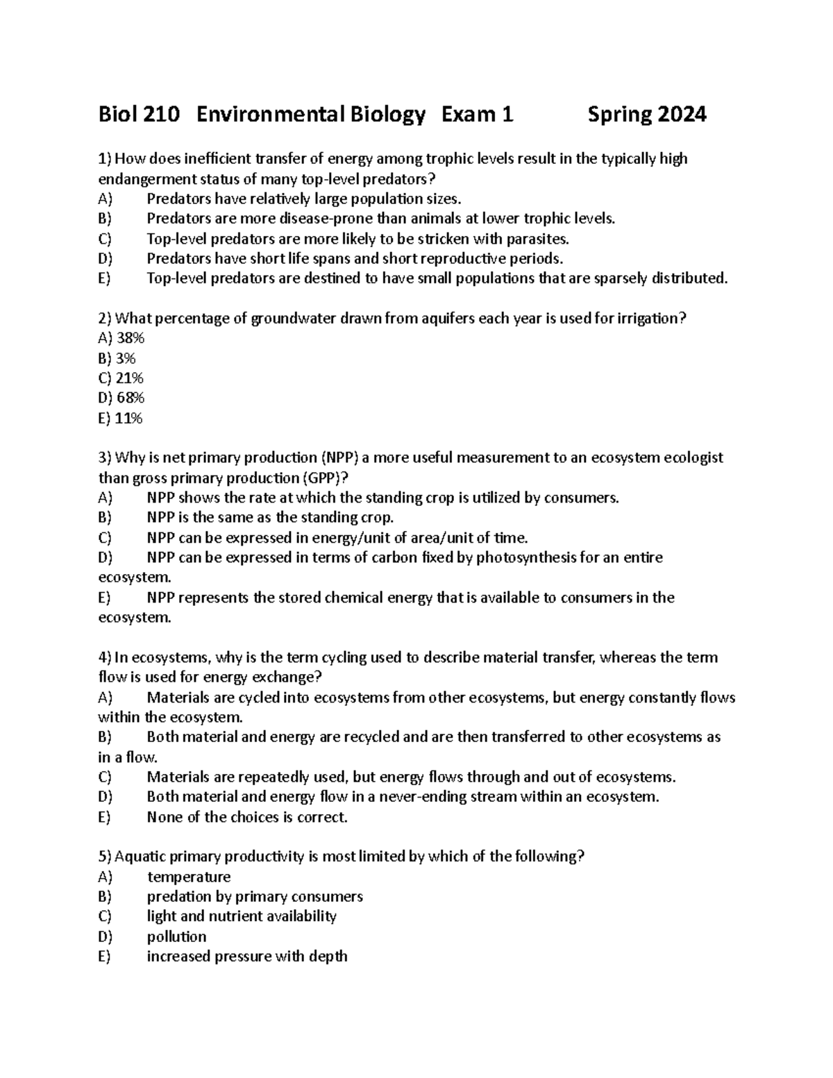 Biol 210 Environmental Biology Exam 1 Q&A - Spring 2024 - Studocu