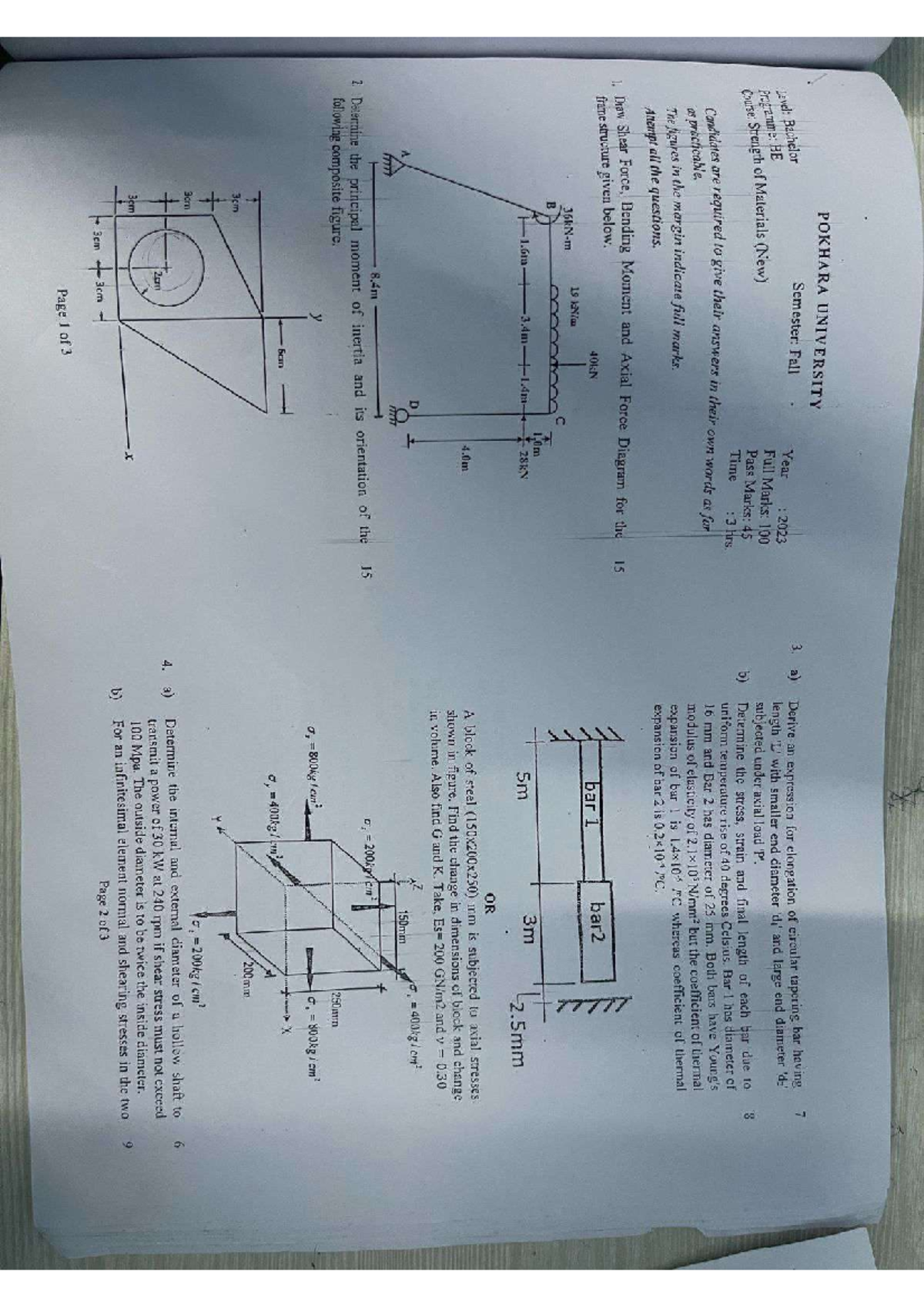 Strength of Materials Final Exam (BE, Fall 2023) - Question Paper - Studocu