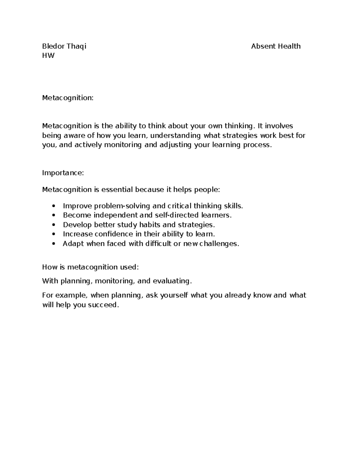 Document 24 - Metacognition: Understanding Your Learning Process - Studocu