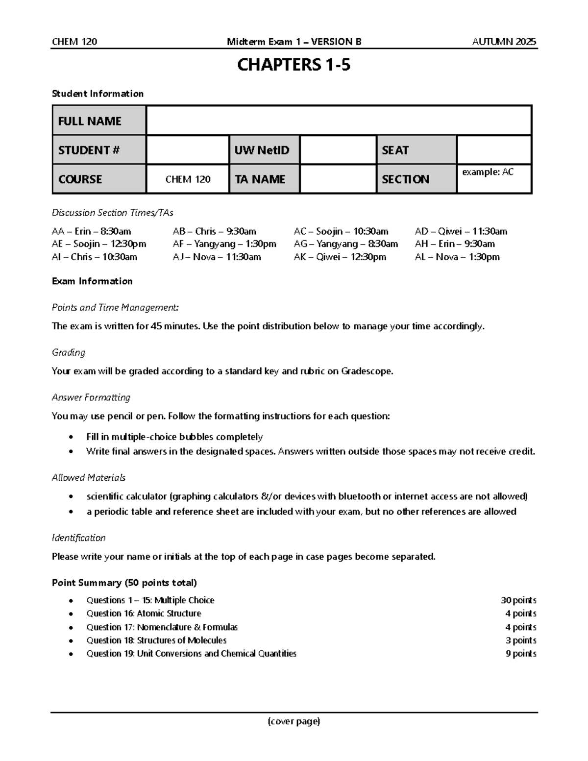 CHEM 120 Midterm Exam 1 – VERSION B - Studocu