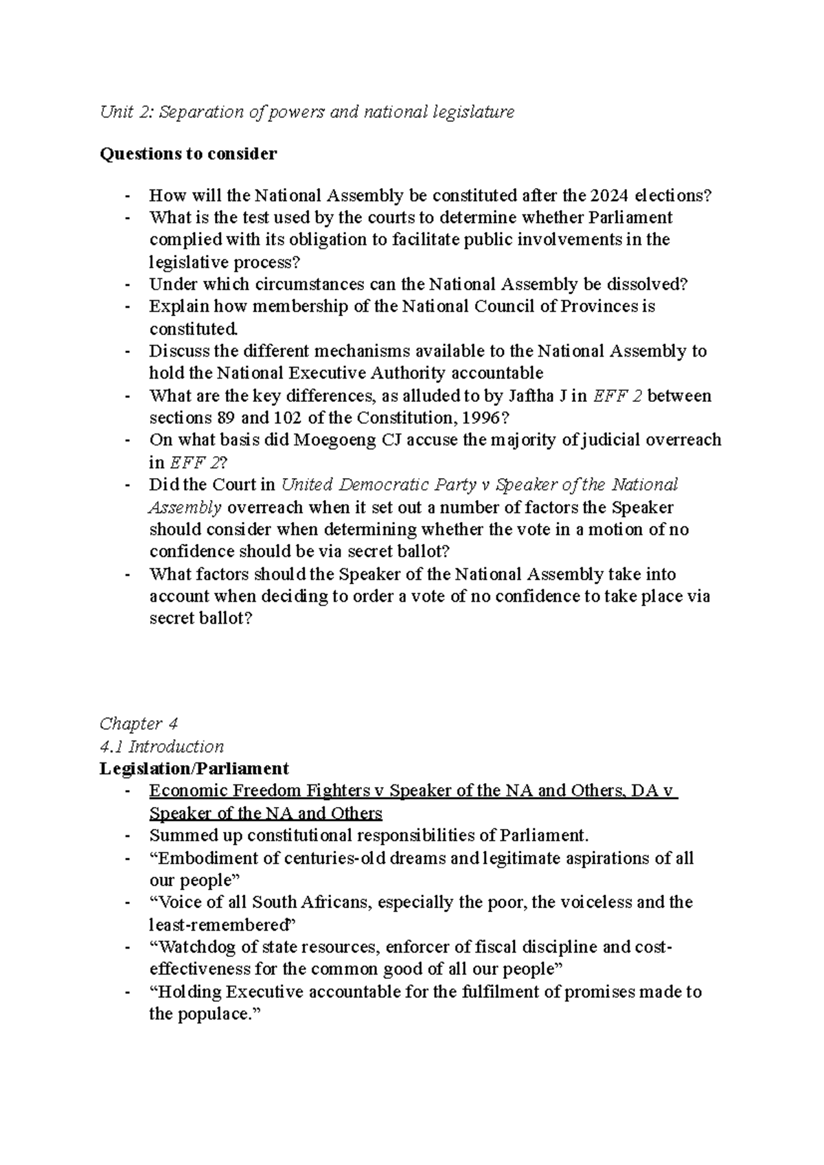 Con Law 214 - Study Unit 2: Separation of Powers & National Assembly ...