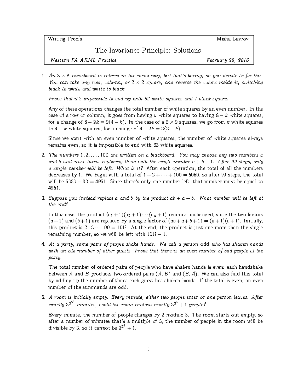Invariant Principle: Solutions & Notes for MATH 101 - Studocu