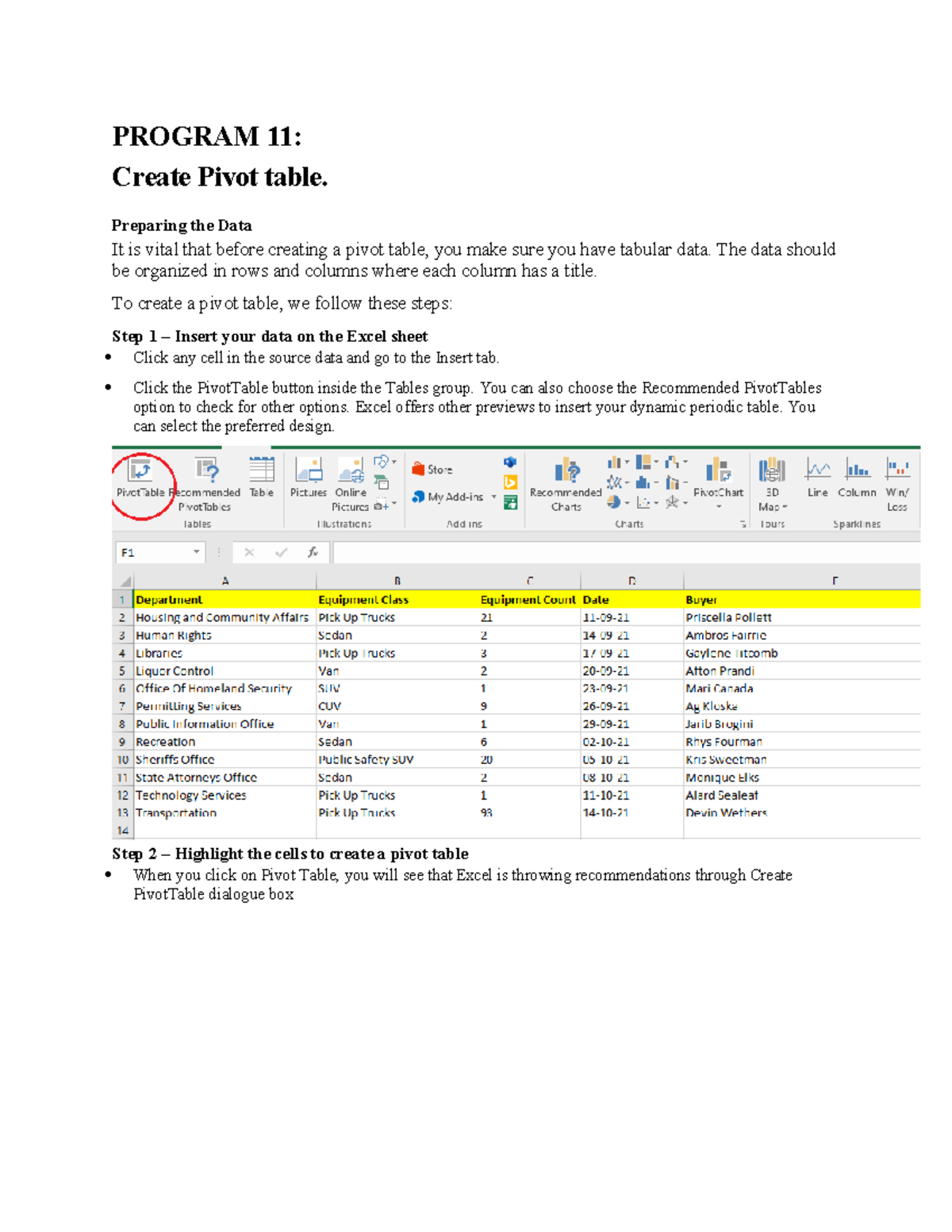Advanced Excel Manual Part-4 - PROGRAM 11 : Create Pivot table ...
