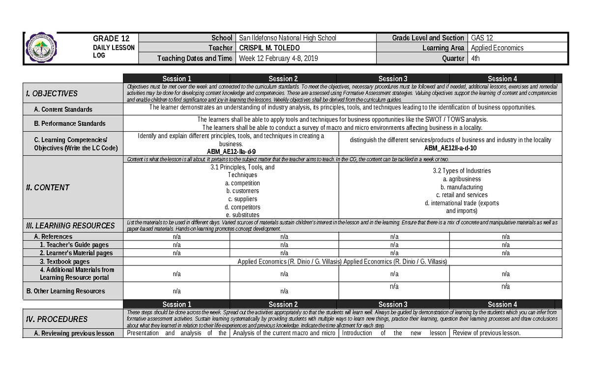 WEEK 12 DLL FEB 4-8 - Dll - GRADE 12 DAILY LESSON LOG School San ...