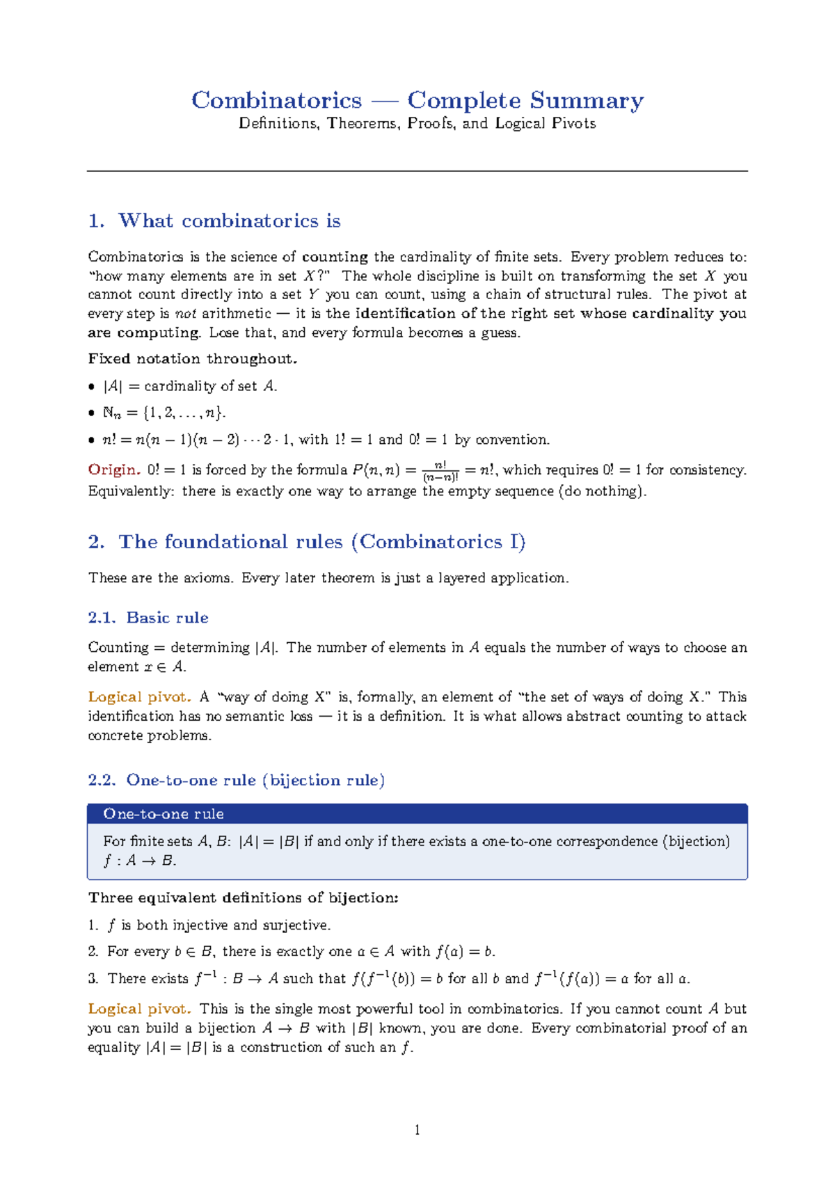 Combinatorics Summary: Definitions, Theorems, and Proofs (Course Code ...
